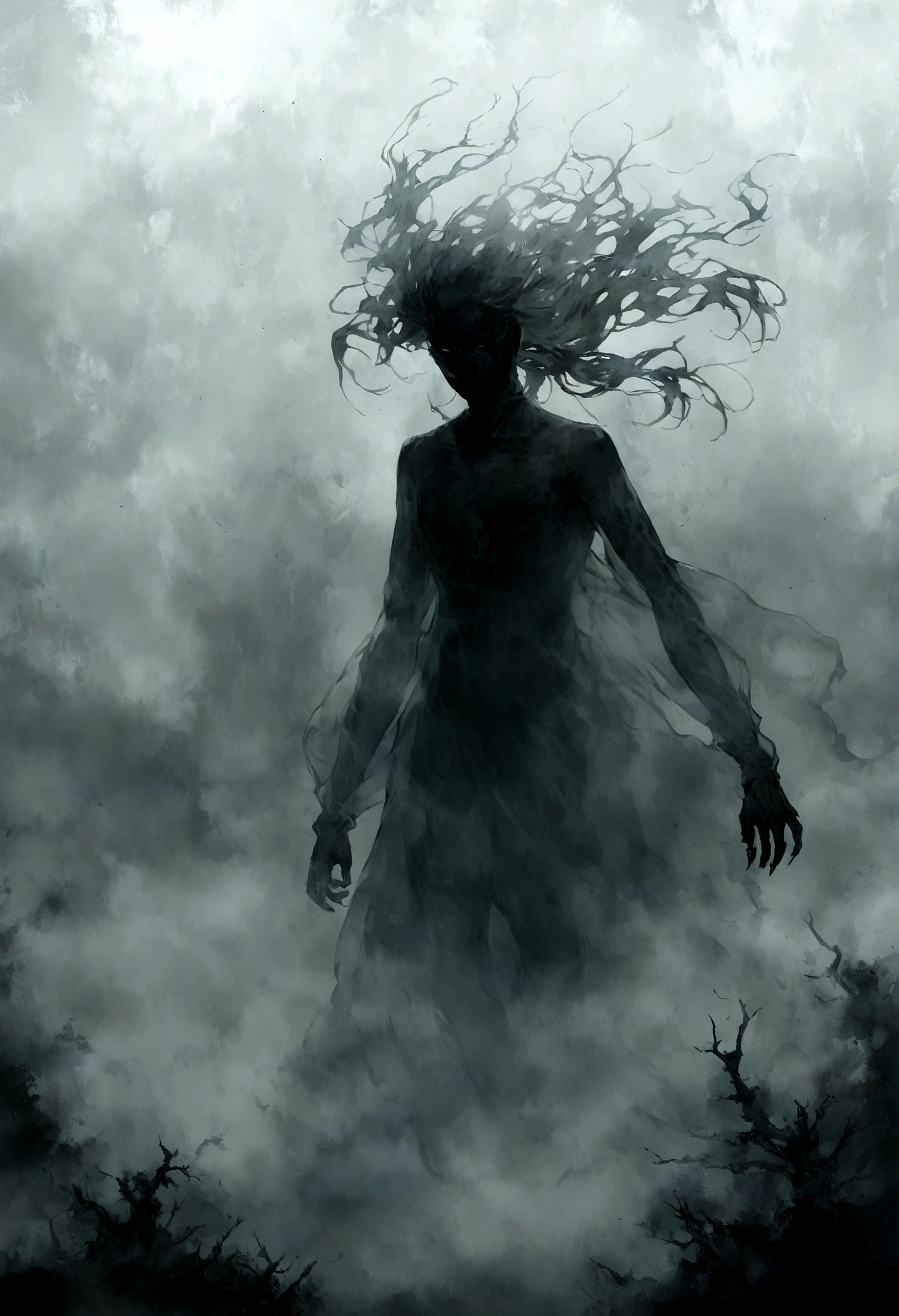 translucent man, spooky, with upturned hair, In the terrifying fog