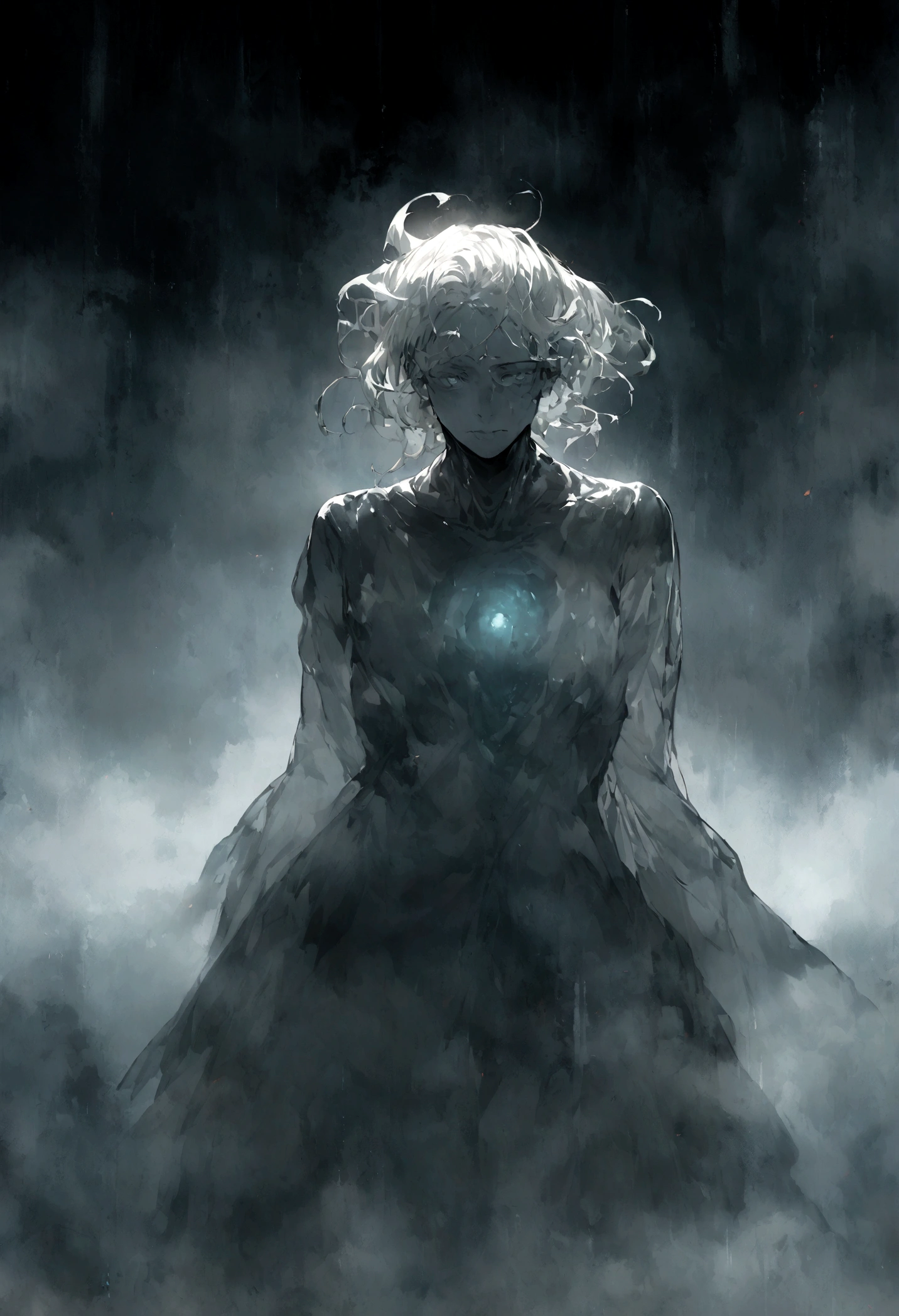 translucent man, spooky, with upturned hair, In the terrifying fog