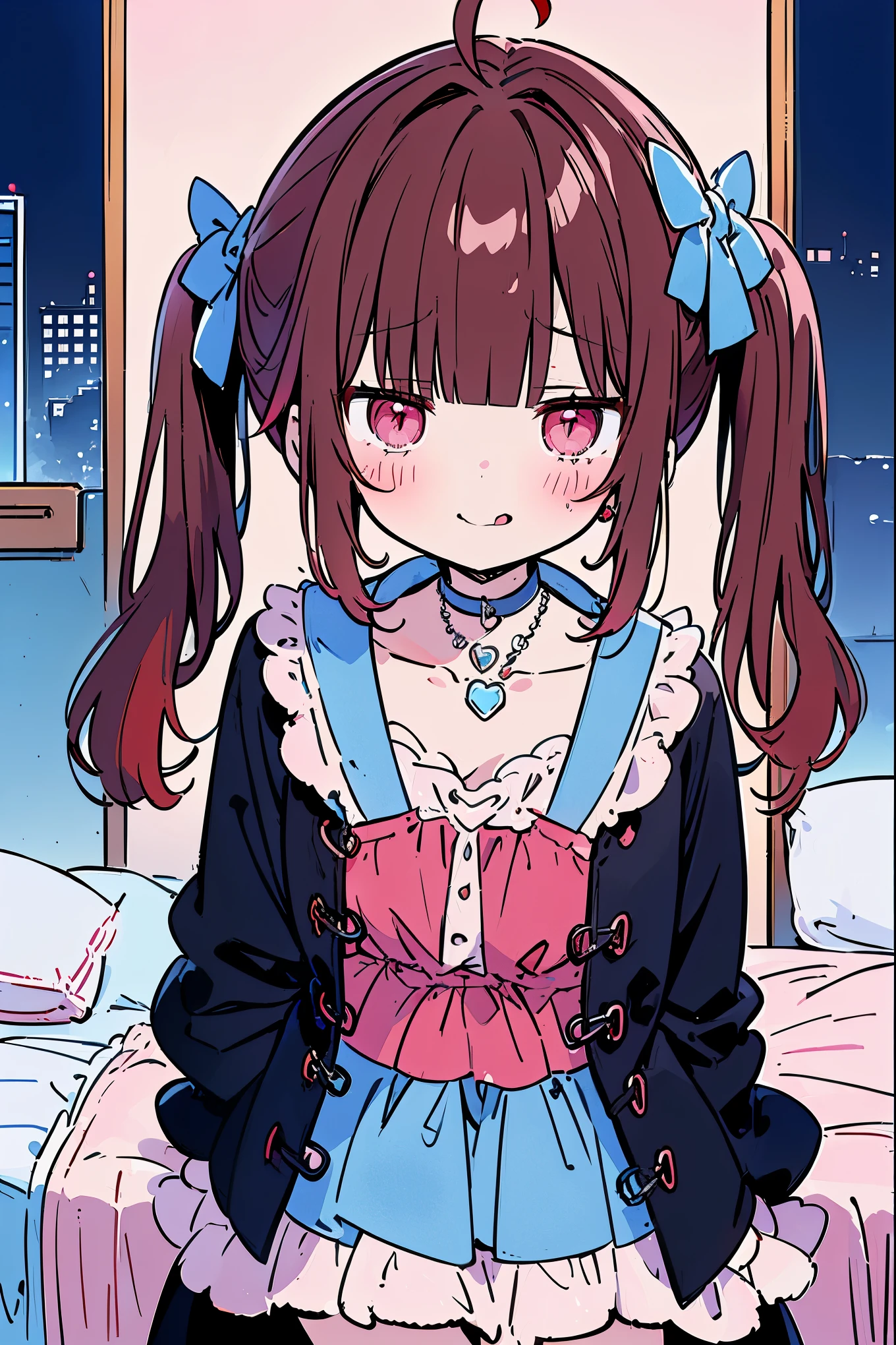 {{{{masterpiece}}}}, {{{Super detailed}}}, {{{high resolution}}},{{high resolution:1.3}}, {{good anatomy}}, (((best quality))), ((on the bed,indoor,blue theme,anime style,anime girl)),(((pink eyes,brown hair))),(big perfect eyes),((yandere,dark eyelash)),(((coat skirt,collarbone,red dress, jewelry, choker,necklace,dark atmosphere,night time))), hairclip, {8k cg wallpaper}, {{illustration,zoom in,focus on face,close-up shot, looking out a window}},((twintails|ahoge|floating hair|blunt bangs|short hair|curly))smile,(1girl:1), bride,solo,alone,(Color difference:1.2),(yandere smile,evil smile with Tongue,Dark circles),blushing,neat face,(medium breasts),((The details are complex、Shallow depth of field、weak lighting、a Canon EOS R5、50mm lens、f / 2.8、shot at 8k resolution))
