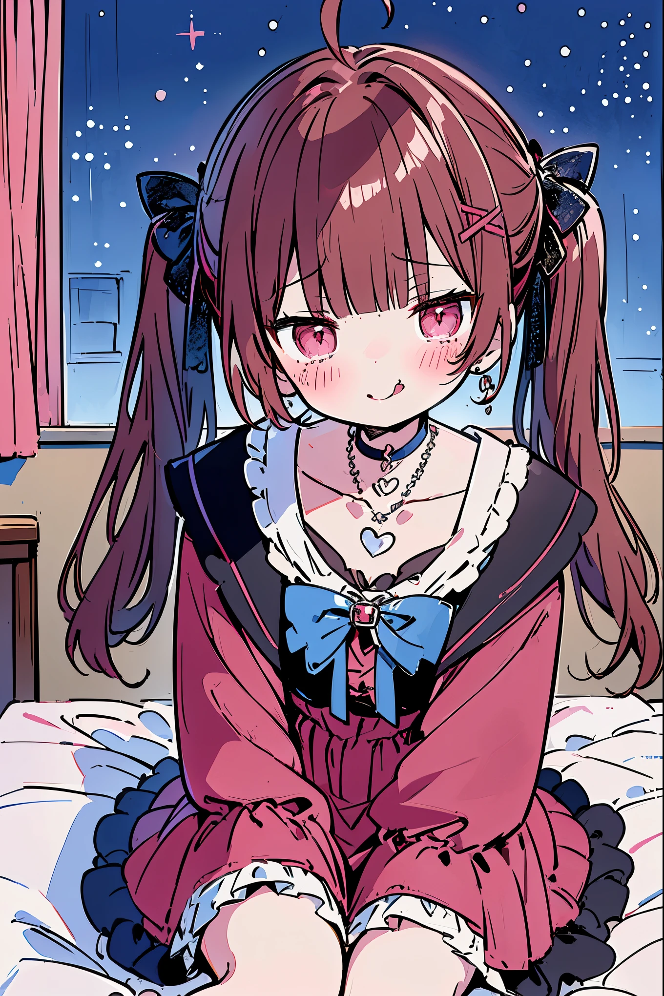 {{{{masterpiece}}}}, {{{Super detailed}}}, {{{high resolution}}},{{high resolution:1.3}}, {{good anatomy}}, (((best quality))), ((on the bed,indoor,blue theme,anime style,anime girl)),(((pink eyes,brown hair))),(big perfect eyes),((yandere,dark eyelash)),(((coat skirt,collarbone,red dress, jewelry, choker,necklace,dark atmosphere,night time))), hairclip, {8k cg wallpaper}, {{illustration,zoom in,focus on face,close-up shot, looking out a window}},((twintails|ahoge|floating hair|blunt bangs|short hair|curly))smile,(1girl:1), bride,solo,alone,(Color difference:1.2),(yandere smile,evil smile with Tongue,Dark circles),blushing,neat face,(medium breasts),((The details are complex、Shallow depth of field、weak lighting、a Canon EOS R5、50mm lens、f / 2.8、shot at 8k resolution))