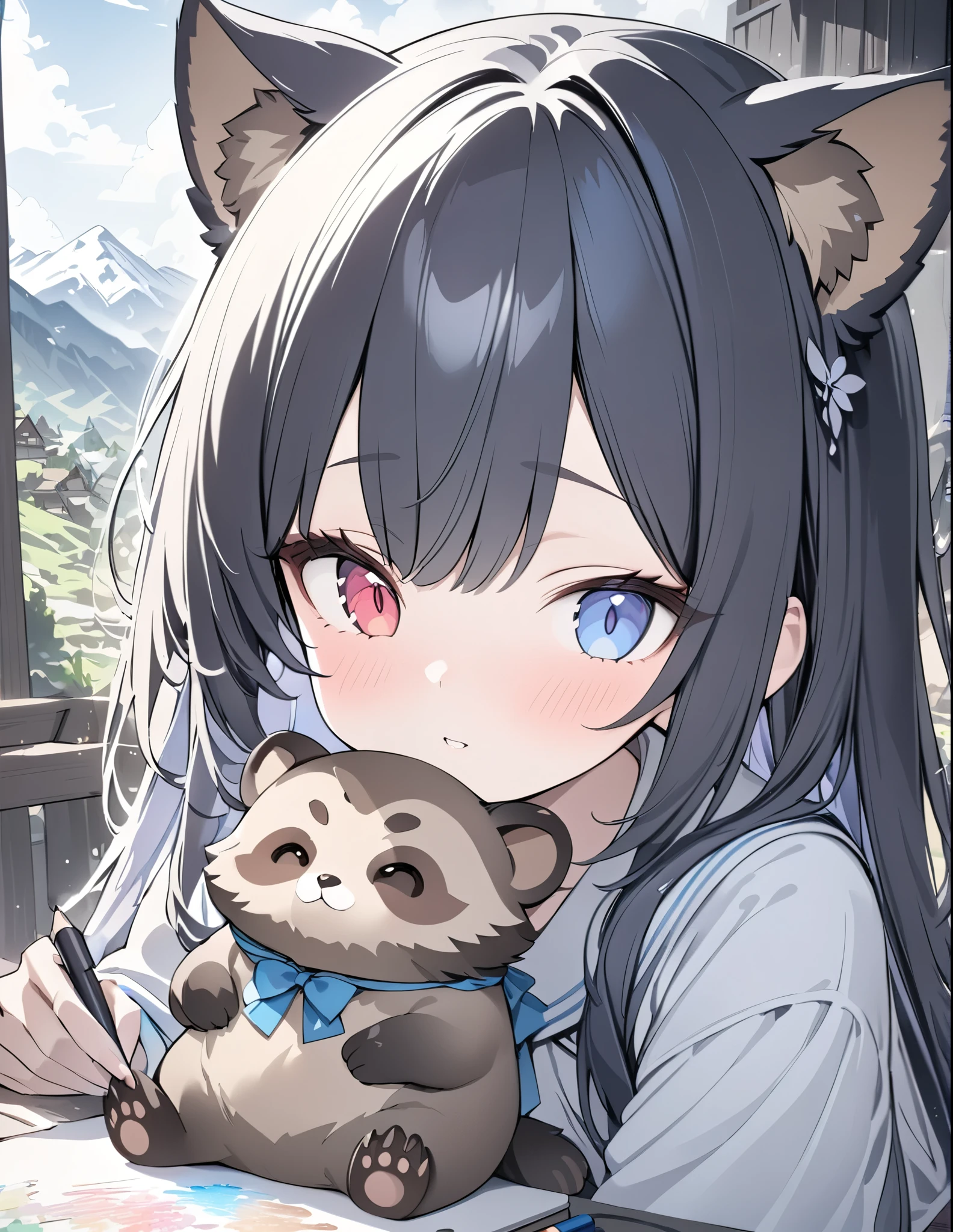 ((style:Colored pencil,pale colour)),UHD, high details, high quality, highres, best quality, 4K, 8k, award winning, masterpiece,Tanuki Village、Lots of cute raccoons、A tanuki transformed into a human girl、cute、In the mountains