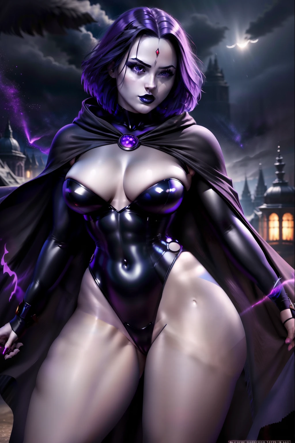 Masterpiece, digital artwork, famous artwork, gothgirl solo as raven , muscular, wide hips,  leotard, full-body angle,  dark atmosphere, grey skin, purple hair, forehead jewel, cape,black  leather thigh boots