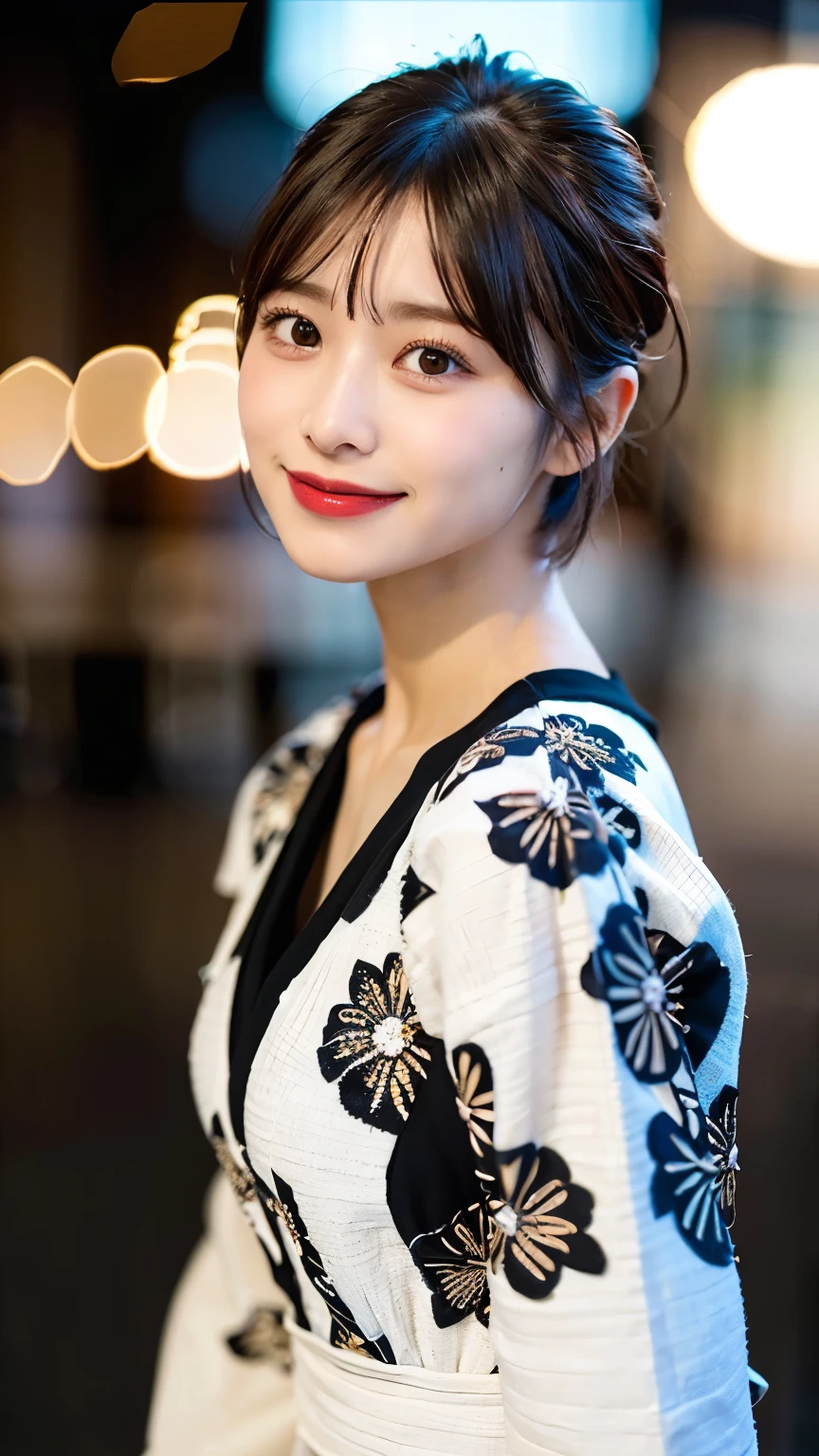 (highest quality、8k、32k、Masseter muscle area、Hmph:1.2)、profile、(Slim figure:1.2)、(Lips) 、double eyelid、Glowing Skin、Realistic light rays、big、Beautiful Face、(smile:1.3)、(short hair:1.4)、Blurred Background、(Front Focus)、(dark: 1.6)、Fantasy art、Photorealistic、Professional Lighting、Highly detailed face、Award-winning、Deep Shadow、Summer Beach、Floral Dress