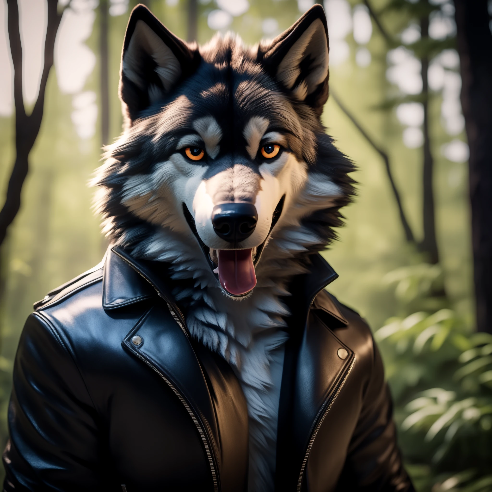 Posing, Male, 30 years old, (wink:1.5), mouth open, tongue hanging out, black leather jacket, anthro, wolf ears, (black fur:1.5), wolf, forest background, 8k, hi res, (best quality, masterpiece), (wolf tail:1.5), detailed fur