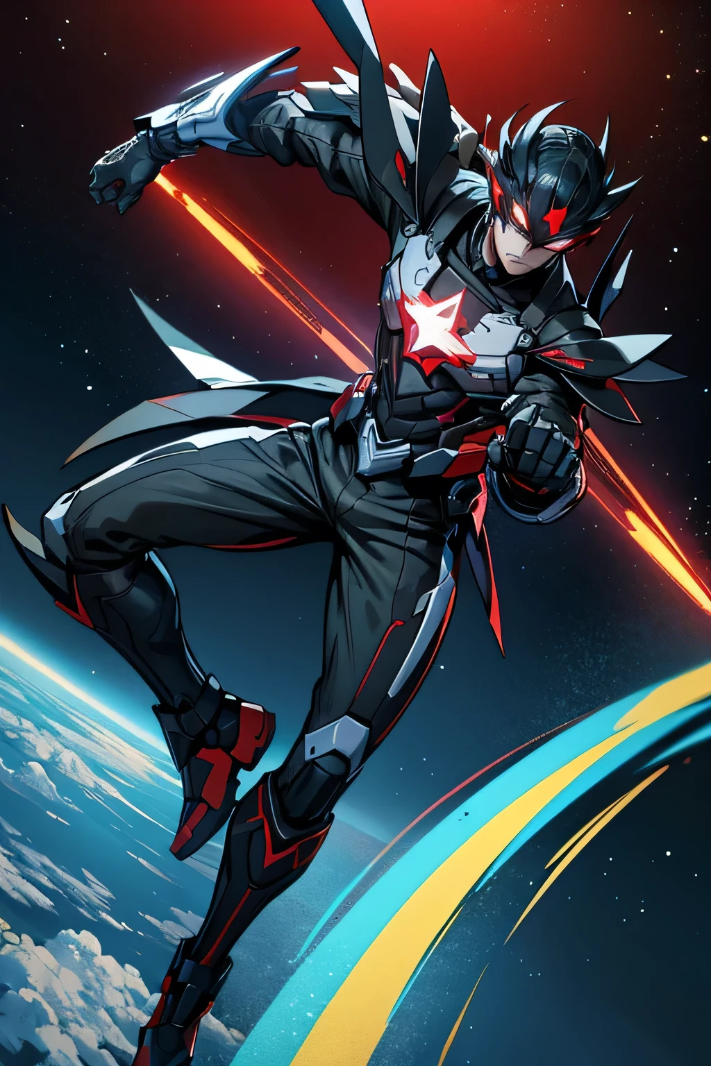 1 hombre, cuerpo completo, estilo anime realista, (juego: honkai star rail), tematica de vigilante de la galaxia, 1 arma en manos (francotirador), 5 armas en la cintura (flashbang), behind the man style shadow of an animal (Alcon), vestimenta del hombre tonalidades frias y negras, vestimenta estilo cyber, vestimenta de mascara con infra rojos removibles, muestra su cara, cara seria, ojos de Alcon, cabello negro, posa mirando de frente, ojos color rojo oscuro, mountains background design with vegetation, cielo ( espacio)