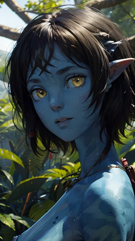 ((ultra detailed, masterpiece, absurdres))
AvKiri, 1girl, blue skin, yellow eyes, black hair, short hair, portrait, huge round breasts, perfect nipples, in the forest, thin, dress