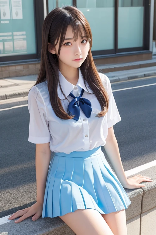 Cute Girls、high school girl、uniform、See-through、Light blue mini skirt、sit