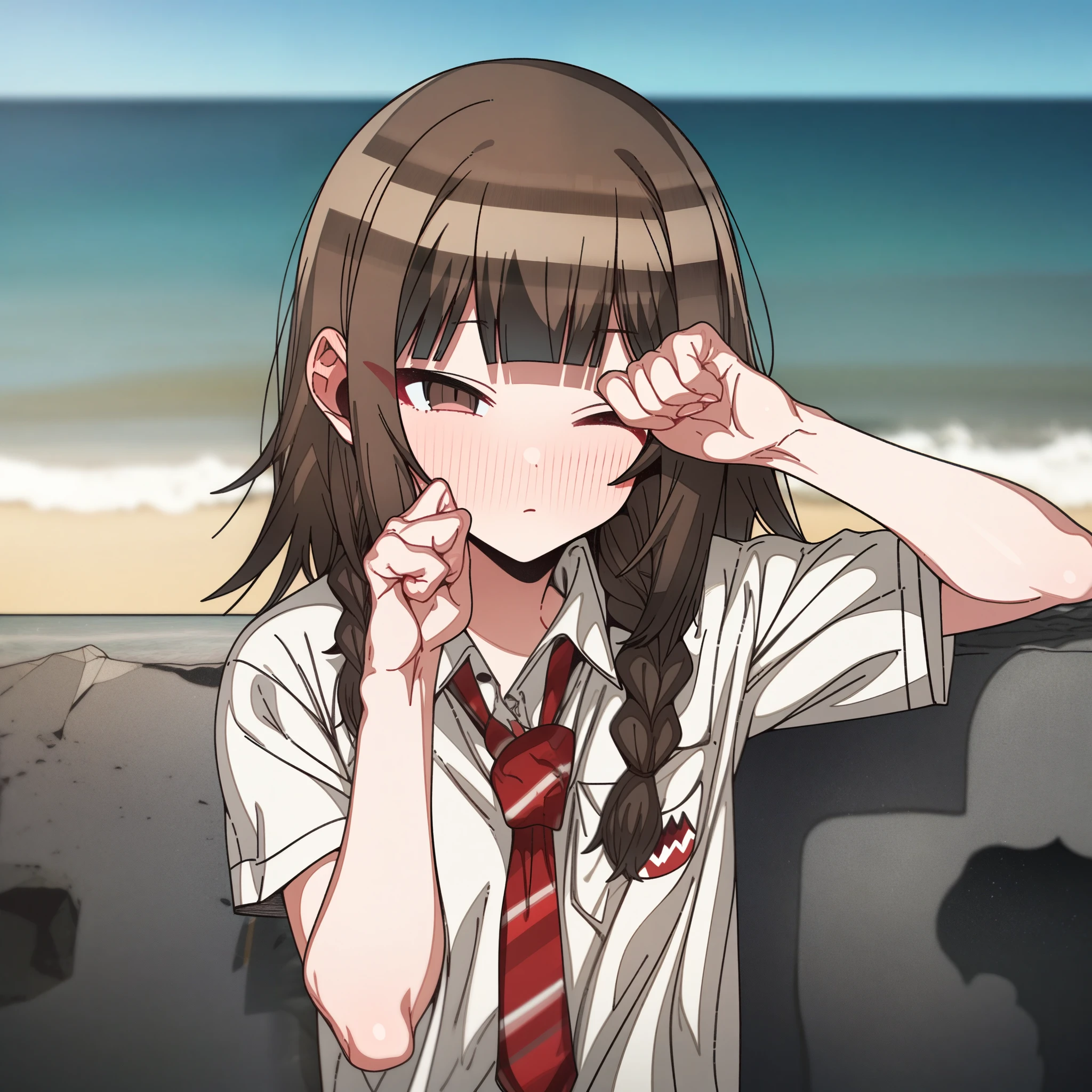 gawr_gura with brown hair and brown eyes, Artist, erere, Copyrights, idolmaster, idolmaster_shiny_colors, Character, General, 1girl, brown_hair, blunt_bangs, blush, medium_breasts, breasts, detailed eyelashes, beatiful girl:1, brown_eyes, censored, school_uniform, black pleated skirt:0.7, black blazer:0.5, white shirt, red tie, twin_braids, :|:0.5, (full_body) (standing in middle, beach, rocks), sky:0.7, half-closed_eyes, detailed, sand, outdoors, looking_at_viewer, masterpiece, best_quality, great_quality, girl, solo, center_composition, centered character, cute, rubbing_eyes, sleepy
