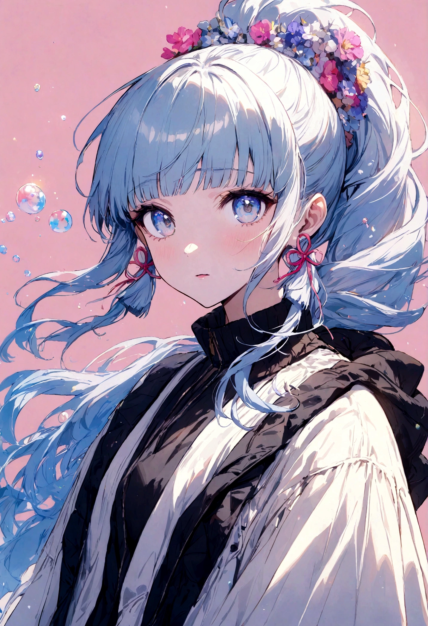 (masterpiece), (best quality), (ultra detailed),(disheveled hair),(illustration), (1girl), (Fashionable clothing), standing, Fashion model, looking at viewer, (interview), (simple background),beautiful detailed eyes, delicate beautiful face, Floating,(high saturation),(colorful splashes),colorful bubble,(shining), focus on face, ponytail, kamisato ayaka, light blue hair, bangs, hair ring, floating flowers, floating hairs, (shining), best lighting, best shadow,