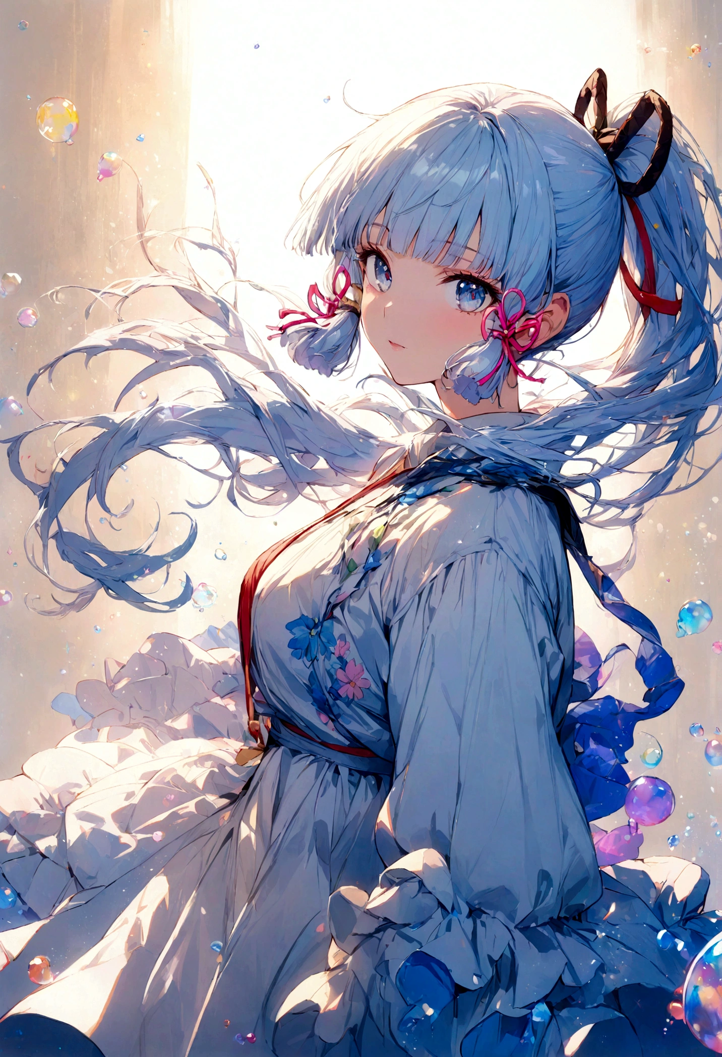 (masterpiece), (best quality), (ultra detailed),(disheveled hair),(illustration), (1girl), (Fashionable clothing), standing, Fashion model, looking at viewer, (interview), (simple background),beautiful detailed eyes, delicate beautiful face, Floating,(high saturation),(colorful splashes),colorful bubble,(shining), focus on face, ponytail, kamisato ayaka, light blue hair, bangs, hair ring, floating flowers, floating hairs, (shining), best lighting, best shadow,