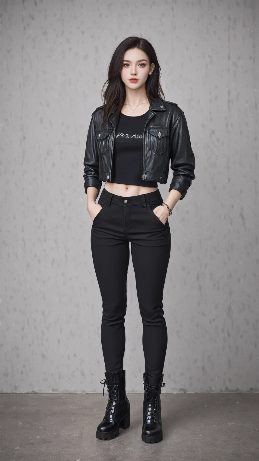 score_9, score_8_up, score_7_up, BREAK,
(((8k wallpaper of extremely detailed CG unit:1.2, ​masterpiece, hight resolution:1.2, top-quality:1.2, masutepiece))), ((a very beautiful woman, Hands in pockets:1.8, Grunge Fashion:1.2, Wearing a blouson:1.2, Wearing black leather pants, Wearing boots)), ((extra detailed face, Highly detailed black eyes:1.2, extra detailed body, Top quality real texture skins)), (A dark-haired, length hair, de pele branca, Small), ((colorful geometric pattern wall, Colorful wall)), (high-angle, Fisheye:1.3), hyper realisitic, digitial painting,