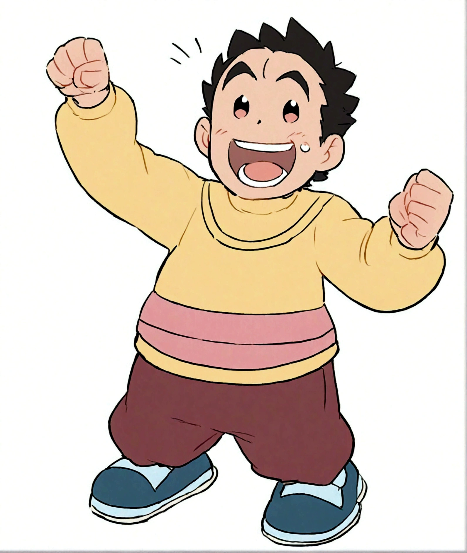 Fist up，shirt，棕色裤子和蓝色shirt，1boy，Clenched hands，whole body，Male focus，open mouth，Paw pose，shoe，Simple background，Smile，solo，White background ，Goda Takeshi