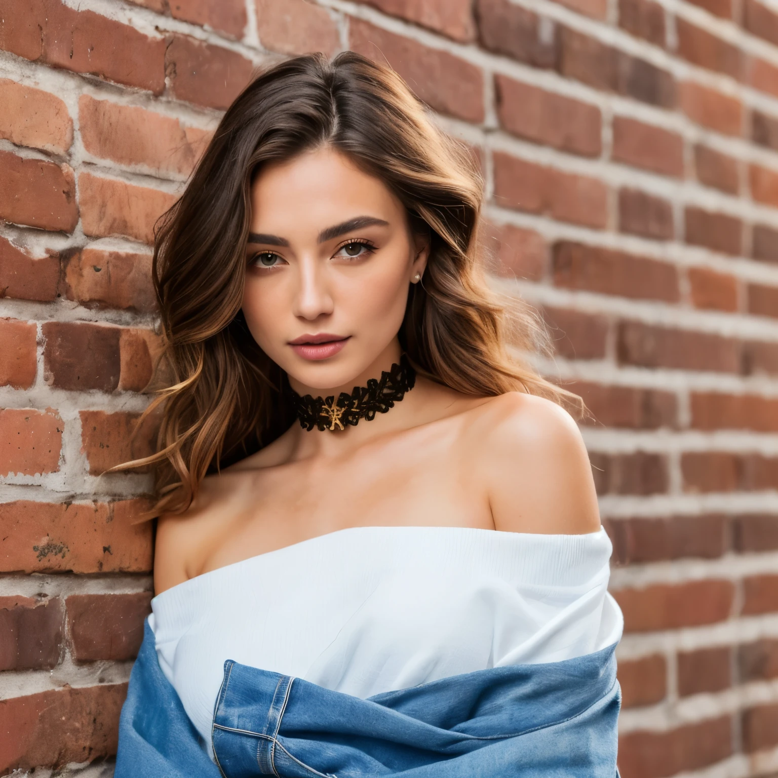 ultra realistic 8k cg, masterpiece, ((ultra detailed background, delicate pattern, intricate detail)), best quality, intricate details, chromatic aberration, 1girl, long hair, golden hair, messy hair, red highlights, hair over one eye, sharp eyes, choker, brick wall, graffiti, dim lighting, alley, oversized shirt,off shoulder, see through white shirt, Masterpiece, best quality