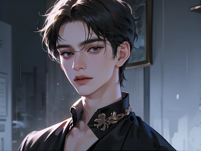 Anime boy takes photo with short black hair., Gervez style work, Guitz, beautiful animated portraits, black boy, cool realistic portrait, fantasy art style, upper body, Cheng Jiwa-kun에서 영감을 받은 아름다운 animation style, animation style. 8K, bobo art style, CG radio is popular in 8K, rainy background, holding a gun to his face
