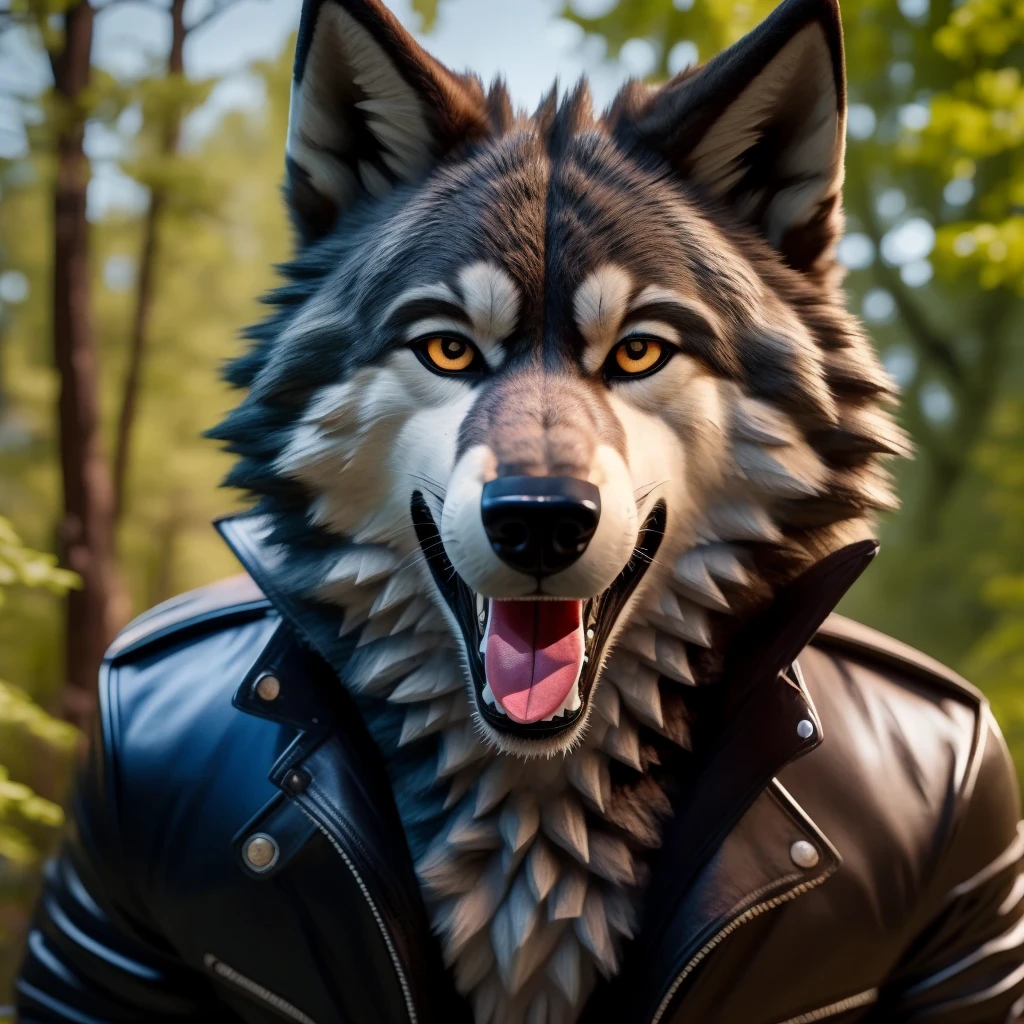 Posing, Male, 30 years old, one eye closed, mouth open with tongue hanging out, black leather jacket, anthro, wolf ears, (black fur:1.5), wolf, forest background, 8k, hi res, (best quality, masterpiece), (wolf tail:1.5), detailed fur