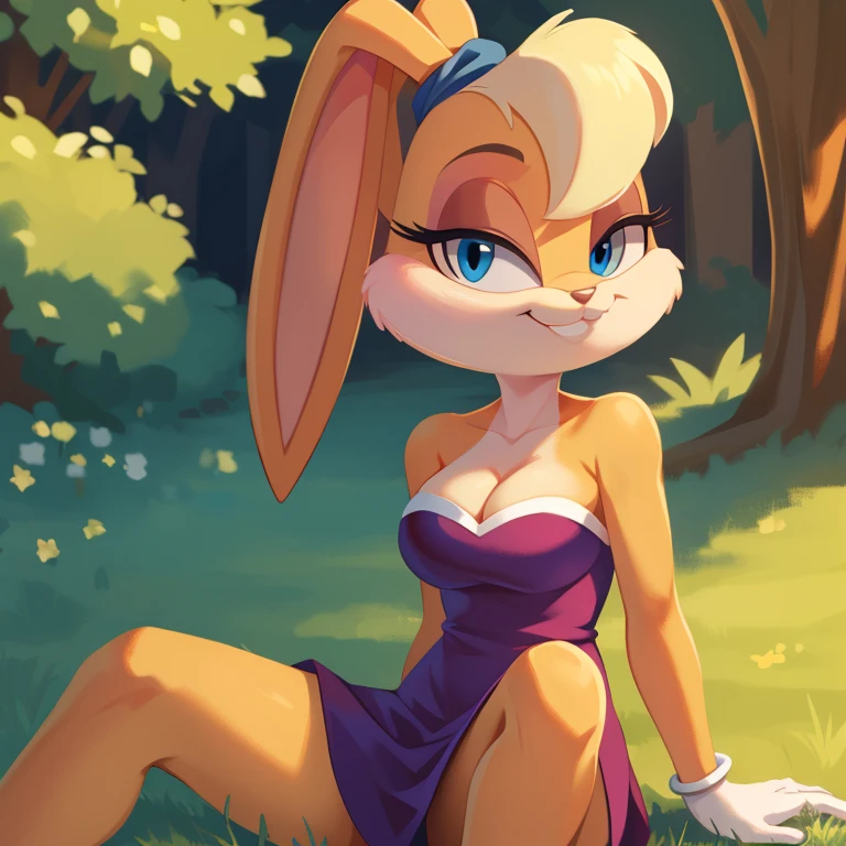 masterpiece, high quality, UHD, Lola Bunny, attractive, gorgeous body, strapless dress, cleavage, jewelry, sitting on the grass, pose, close up,