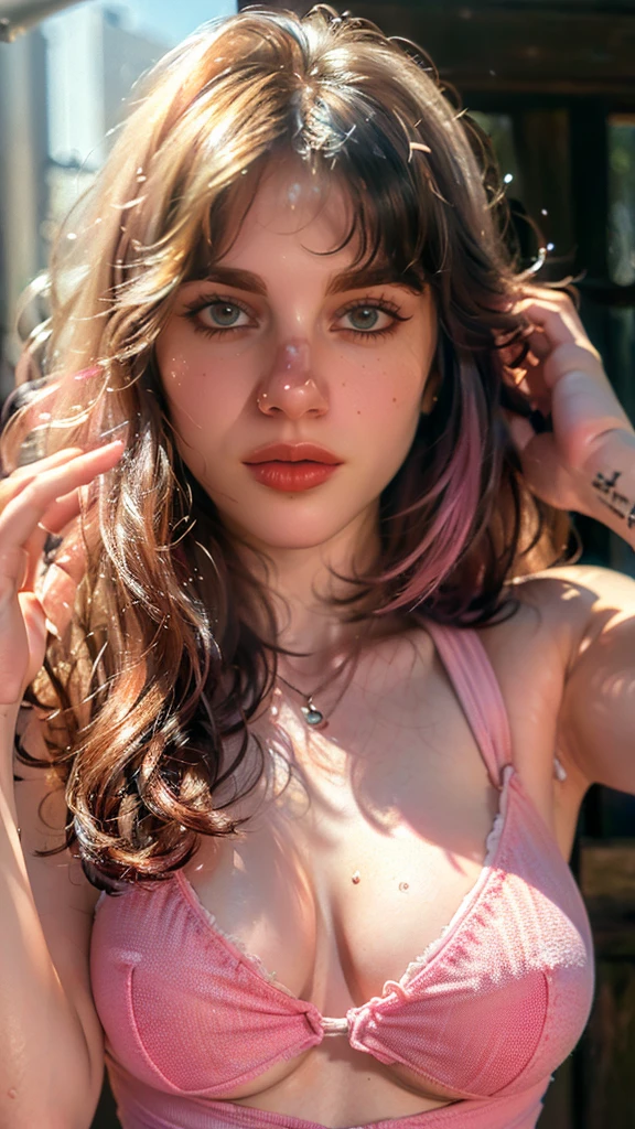 (((ultra realistic))) Photo, masterpiece, top quality, (pale skin), (Ultra detailed face and eyes:1.3), 1 girl, Adult, In Lifchik, ((Eye makeup, pink mascara)), ((large detailed lips)), ((pink wavy hair)), ((Stylish hairstyle)) , (Natural breasts), Slim waist. ((Posing, Hand on face)), photoshoot, Studio soft lighting, (The play of light and shadows), depth of field, bokeh, (special attention to skin detail: 1.2), Detailed leather texture, skin pores. (Airy atmosphere of the frame. Color range - delicate, Bright, Pink tones), UDR, ((Film grain)), ((rays)), (Glare), ((waist up portrait, close to the camera)) , ultra detialed,
