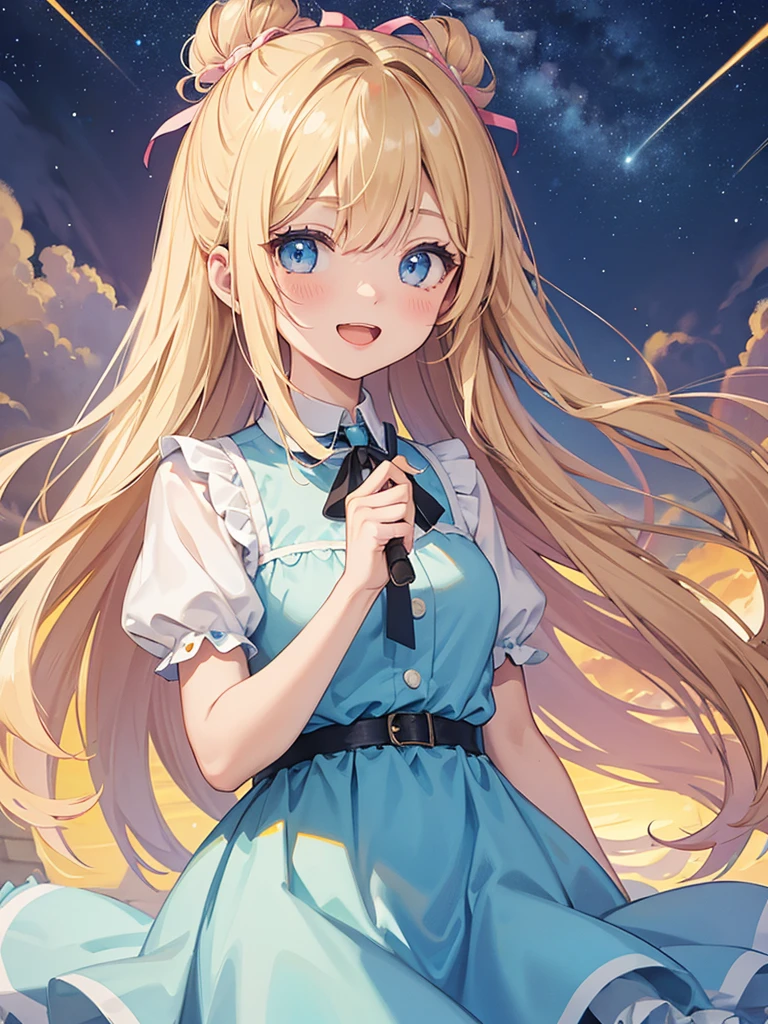 highest quality、Masterpiece、A meteor shower pouring down into the night sky、One girl、Chibi Character、biceps、Blonde、Hair tied up、Light blue and pink dress、Big Eyes、Open mouth smile、Standing pose