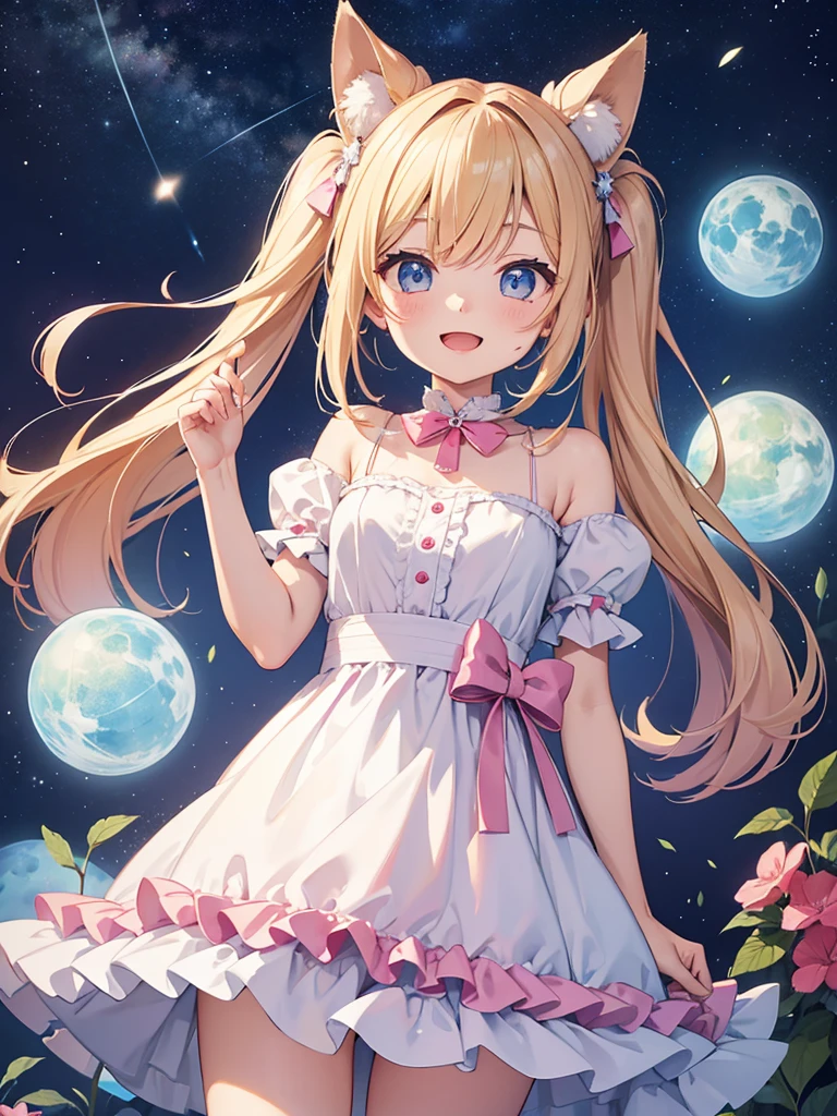 highest quality、Masterpiece、A meteor shower pouring down into the night sky、One girl、Chibi Character、biceps、Blonde、Hair tied up、Light blue and pink dress、Big Eyes、Open mouth smile、Standing pose