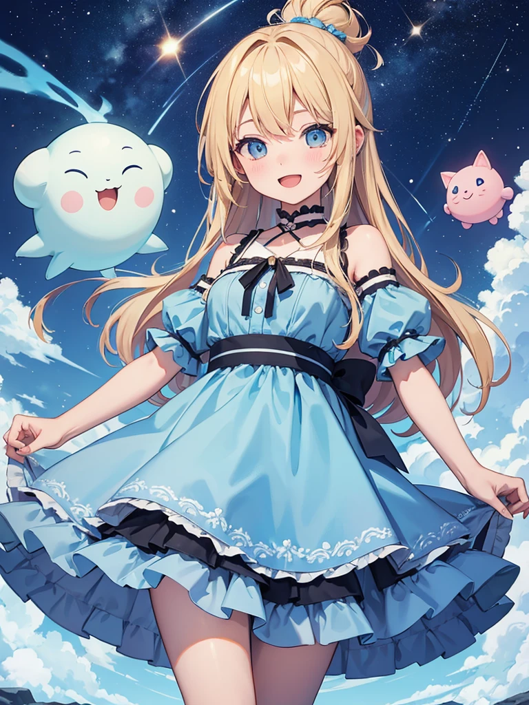 highest quality、Masterpiece、A meteor shower pouring down into the night sky、One girl、Chibi Character、biceps、Blonde、Hair tied up、Light blue and pink dress、Big Eyes、Open mouth smile、Standing pose