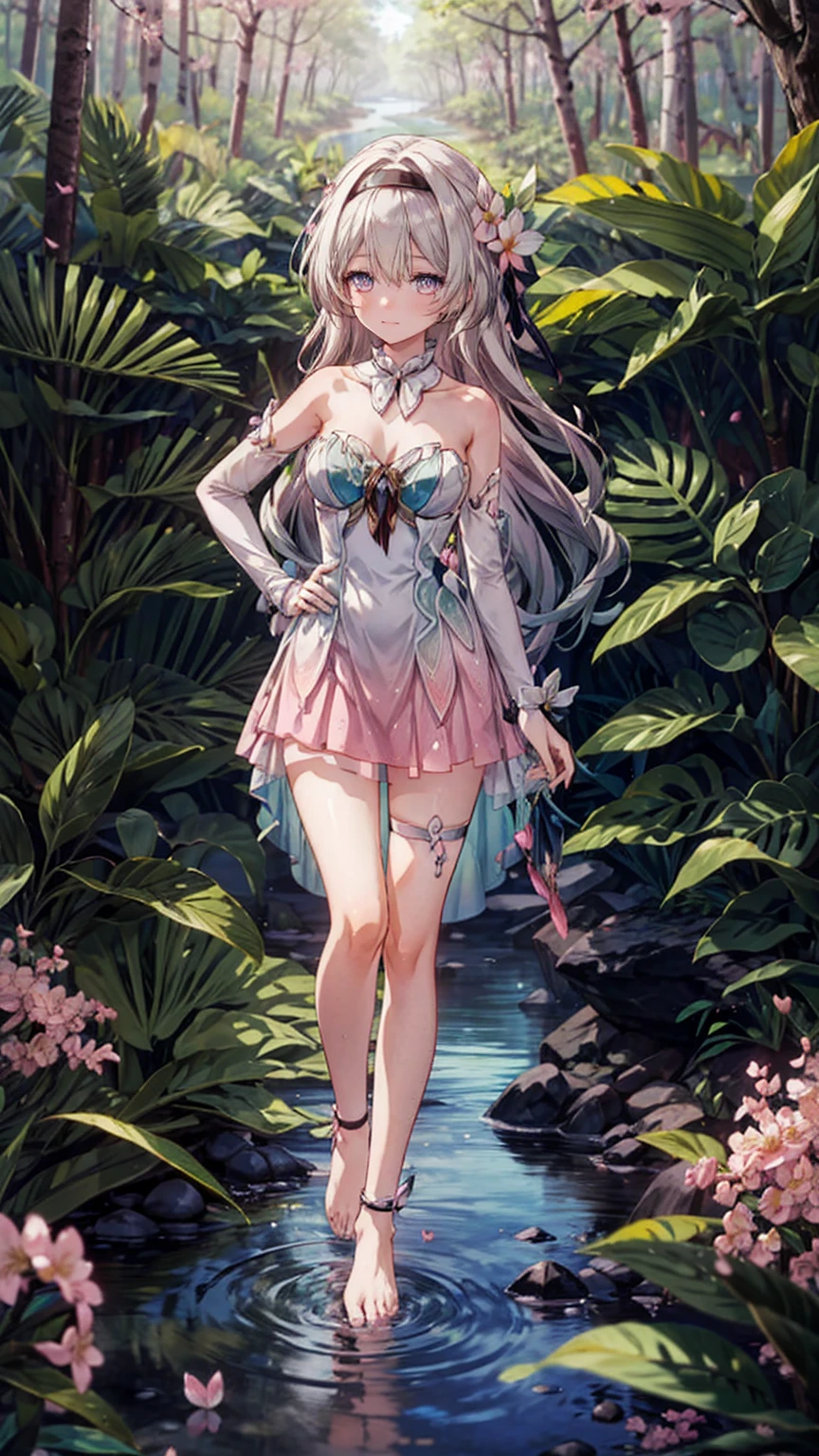 (Pink strapless dress :1.5), silver Long hair, black _ hair band, X-shaped _ eyebrows, hair band, POE _ Hair, bangs, bare shoulders, full body shot, black stockings, (Peach Blossom Forest:1.3)，Creek，Bare feet，soaking feet，hand on hip