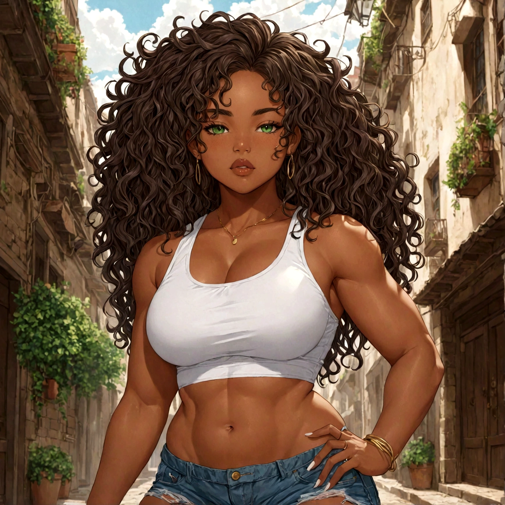 a very attractive ebony skinned female wearing a cropped white tanktop showing toned belly, is thicc, has green eyes has puffy curly hair, wearing torn jean shorts with fishnets showing