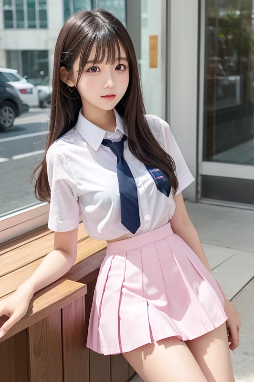 Cute Girls、high school girl、uniform、See-through、Pink mini skirt、sit