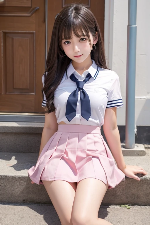 Cute Girls、high school girl、uniform、See-through、Pink mini skirt、sit