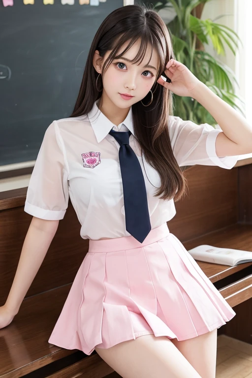 Cute Girls、high school girl、uniform、See-through、Pink mini skirt、sit