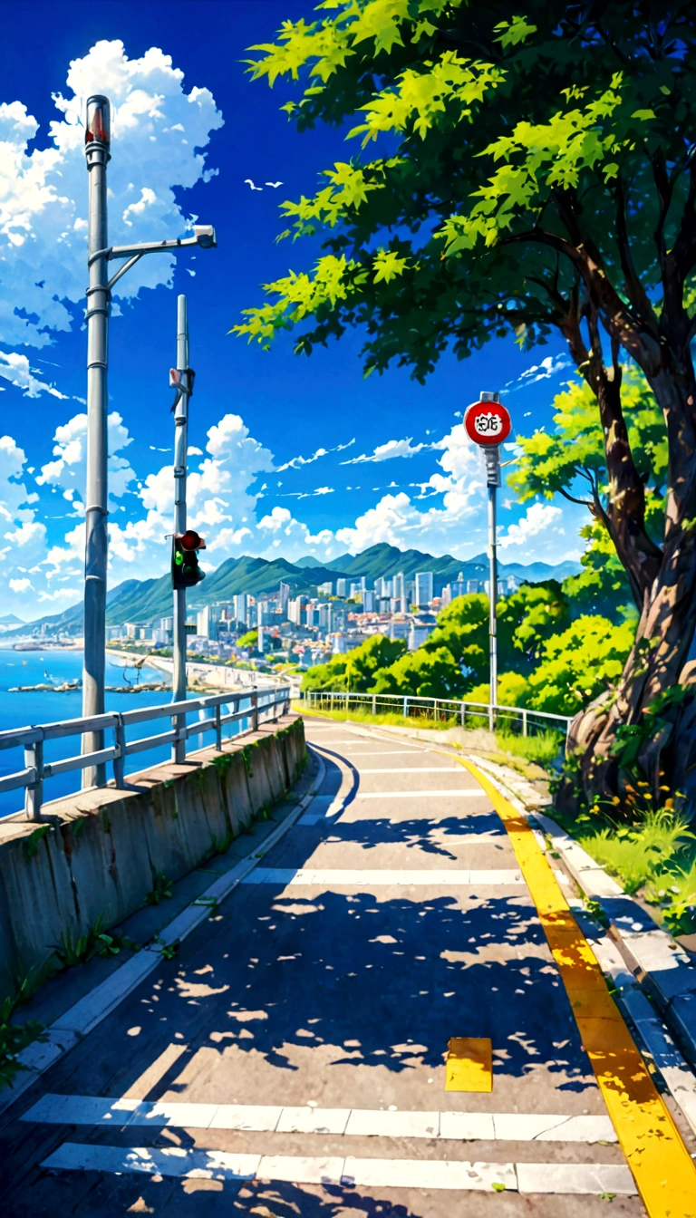 A painting depicting a waterside street, Traffic light on pole, rio de janeiro in an Japanese Manga film, Japanese Manga. author：Xin Haicheng, Japanese Manga landscape, author：Xin Haicheng, author：Xin Haicheng, Japanese Manga landscape wallpaper, Japanese Manga scenery, hd Japanese Manga cityscape, Xin Haicheng和 (cain kuga), Xin Haicheng&#39;style, high resolution, Uhigh resolution, high resolutionR, 3.20 thousand,9:16