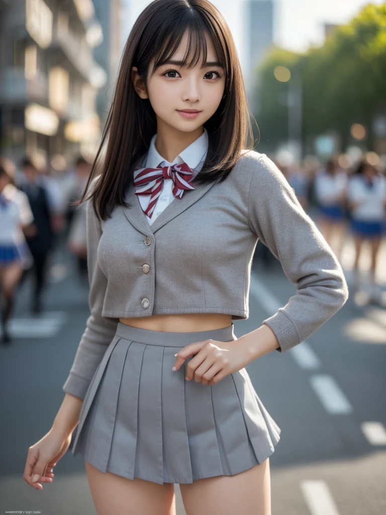 (8k, RAW Photos, highest quality, masterpiece:1.2), (Realistic, photo-Realistic:1.4), (Highly detailed 8k wallpaper), Sharp focus, Depth of written boundary, Cinematic lighting, Soft Light,Eyes of delicate beauty,shiny smooth light brown Long Bob Hair, Asymmetrical bangs, Glowing Skin, Ultra-dense skin,High resolution, High Detail, Detailed hairstyle, Detailed facial beauty, hyper Realistic, Perfect limbs, Perfect Anatomy ,1 Japanese girl,Famous Japanese Idols, Perfect female body, Large Breasts,smile,Short eyelashes,double eyelid,Long Bob Hair, (school uniform : 1.3), (Micro Mini Skirt Grey Micro Mini Skirt:1.3),Watching the audience, (Crowded street:1.3),Cowboy Shot