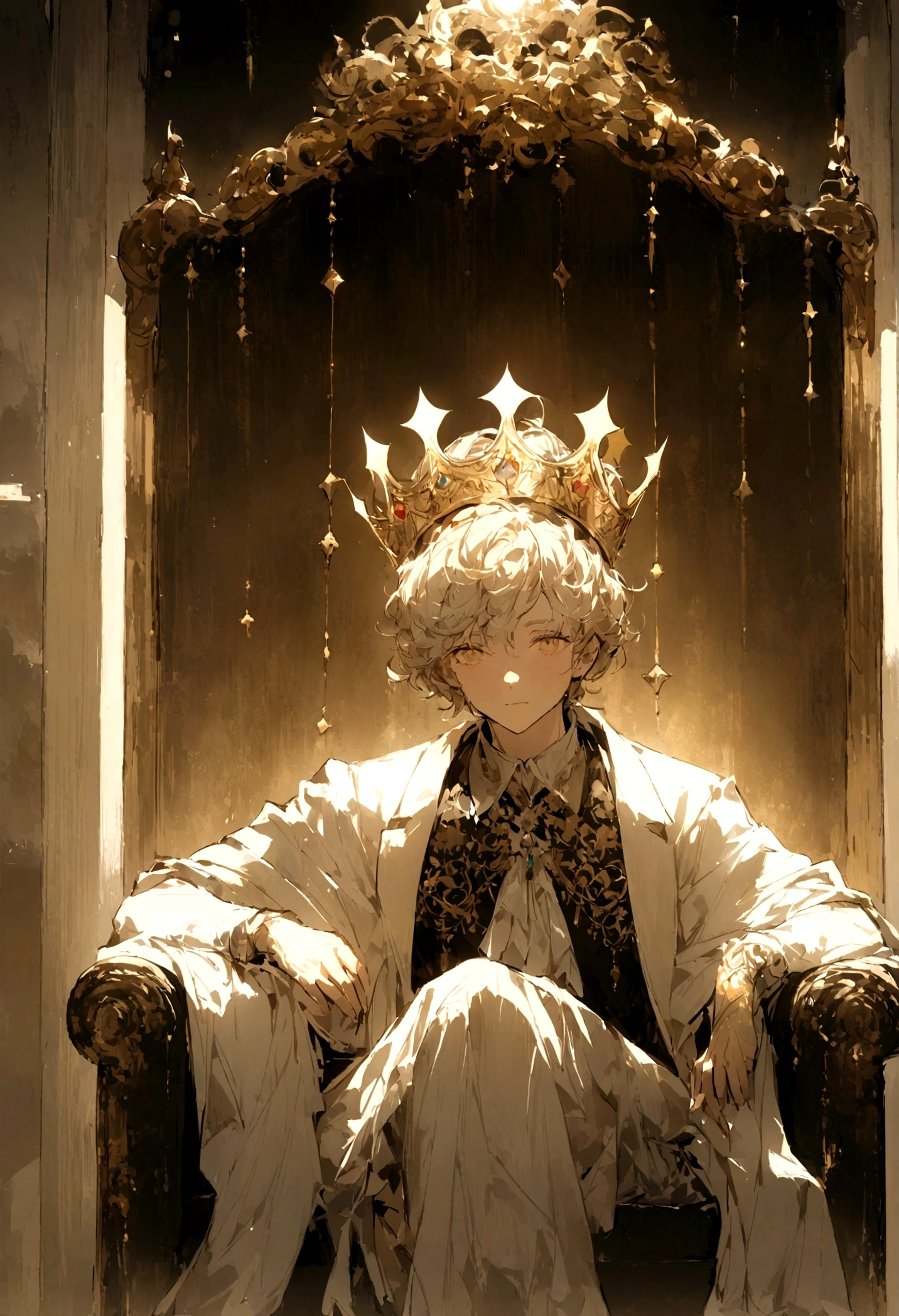 A king with a crown on his head sitting on a sofa、There&#39;s a golden light above my head