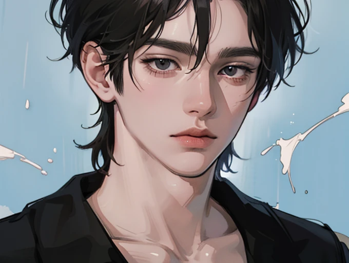 Anime boy takes photo with short black hair., Gervez style work, Guitz, beautiful animated portraits, black boy, cool realistic portrait, fantasy art style, upper body, Cheng Jiwa-kun에서 영감을 받은 아름다운 animation style, animation style. 8K, bobo art style, CG radio is popular in 8K, rainy background, gun in right hand, ring, piercing, half close eye, from be