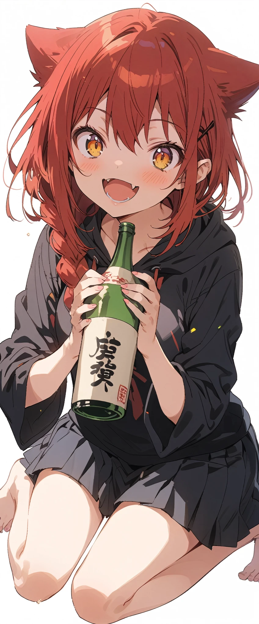Solid white background、white background、Blank background、Ultra-high resolution, highest quality,Solo,One young girl、Full body view from the front、fish-bone braid hair、Fishbone Hair、red hair、Holding up a bottle of sake in one hand and looking cheerful、beautiful detailed eyes、Red hair x yellow eyes、yellow eyes、Blushing、Smile with mouth wide open、plain black hoodie、Black pleated skirt、barefoot