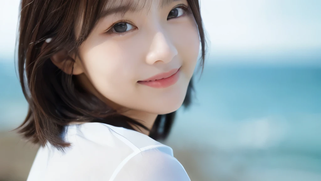 Tabletop、(highest quality、4K、8k、High resolution、masterpiece: 1.2)、Very detailed、(Genuine、photoGenuineistic、photoGenuineistic: 1.37)、Full Body Shot、whiteＴshirt、Complex and beautiful eyes、woman、short hair、Natural color lip、Bold and sexy pose、smile、Ocean、20-year-old girl、A cute and sexy shot of her looking at the camera。