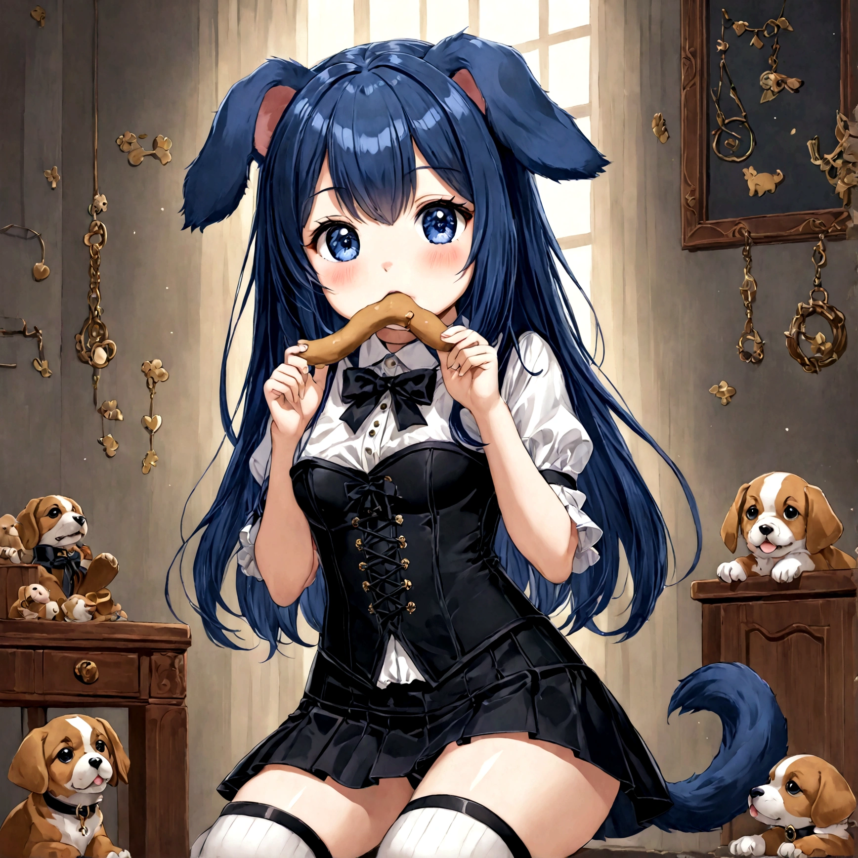 a cute female puppy girl wearing a black corset and black mini skirt, has puppy ears, has a puppy tail, has blue straight hair, wearing cute thigh high socks, wearing a dark blue collar, has a dog bone in her mouth