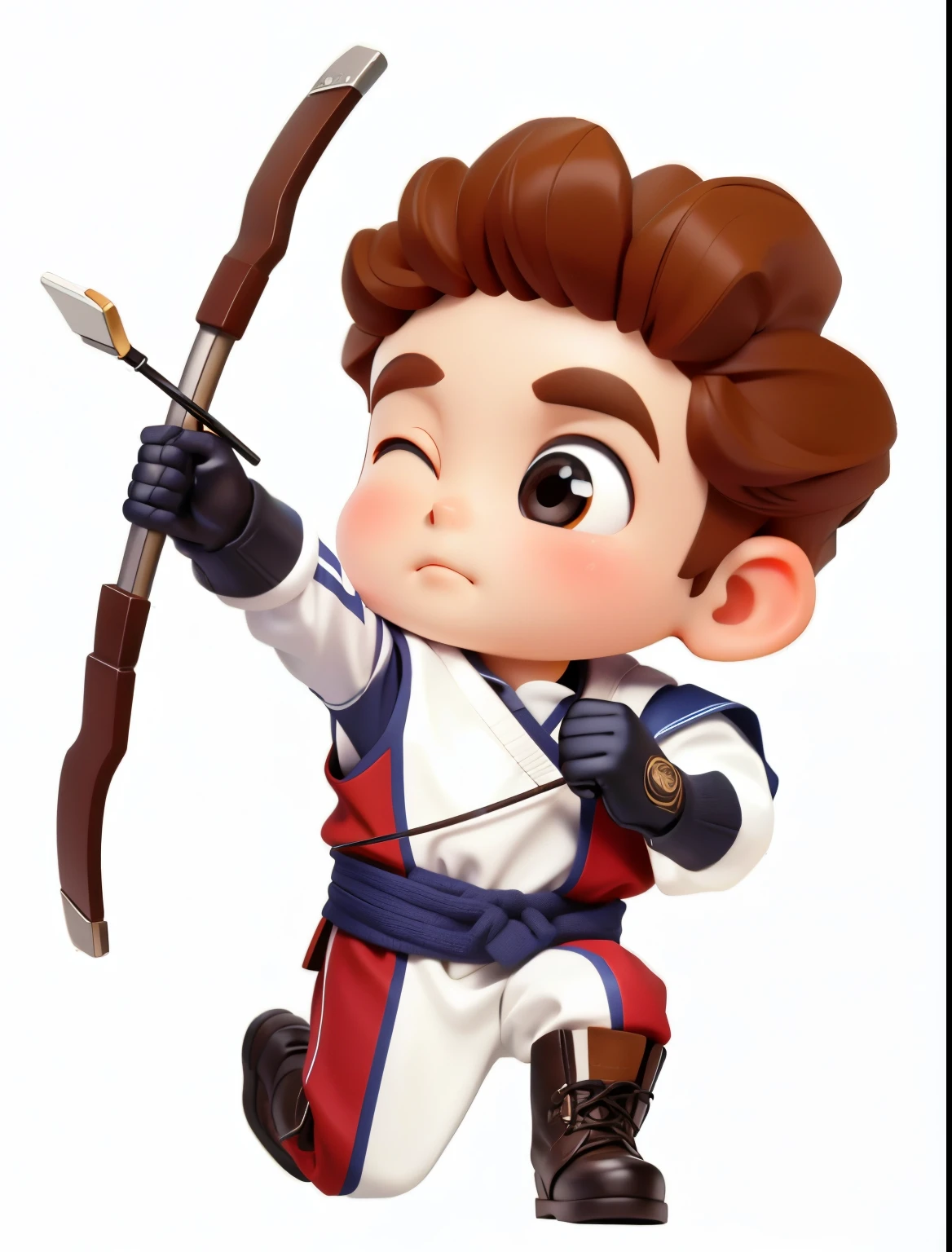 A little boy pulling a bow and arrow，Get down on one knee，Hand drawn bow，Archery，Shooter，Kneeling on one foot，Archery Clothing，Handsome clothes， arms，One eye closed，Bright Eyes，8K，High-definition quality，Super Detail，Finger details，Clothing details，Martin boots，Shoes with shadow，Martial arts clothes，Vest，White clothes，Brown gloves，Q version，child，He's cool，Add a touch of sophistication，Clothing details化，Costume，Wearing a belt，Exquisite belt，The shoes are simple and exquisite，V-neck clothing，Gloves exquisite，White lined clothes，Vest外套，