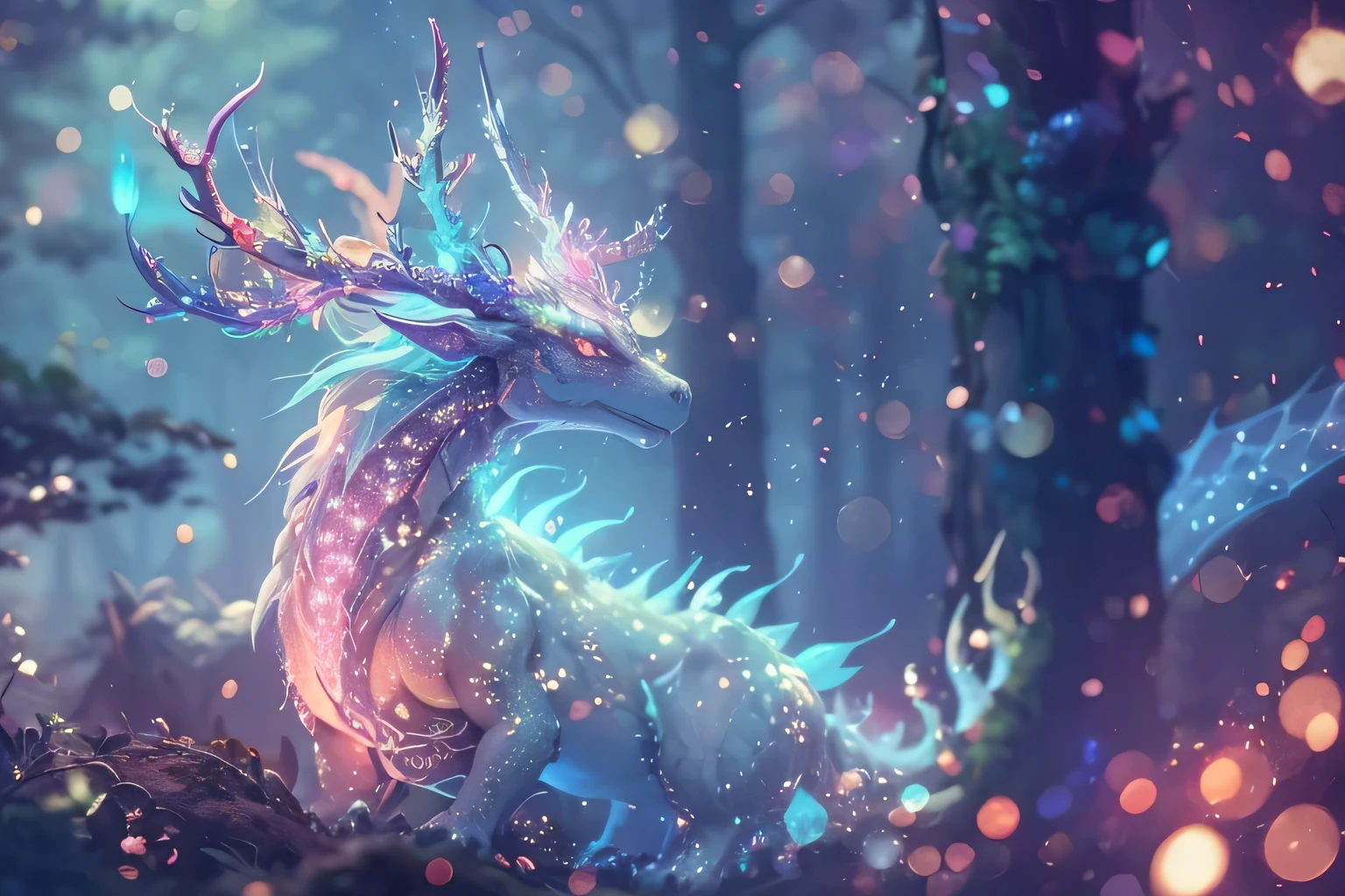 A majestic the fusion of a dragon and a deer with glowing blue antlers rests in an enchanted forest, its scales shimmering with bioluminescent patterns, intricate details, ethereal lighting, bokeh, fantasy art