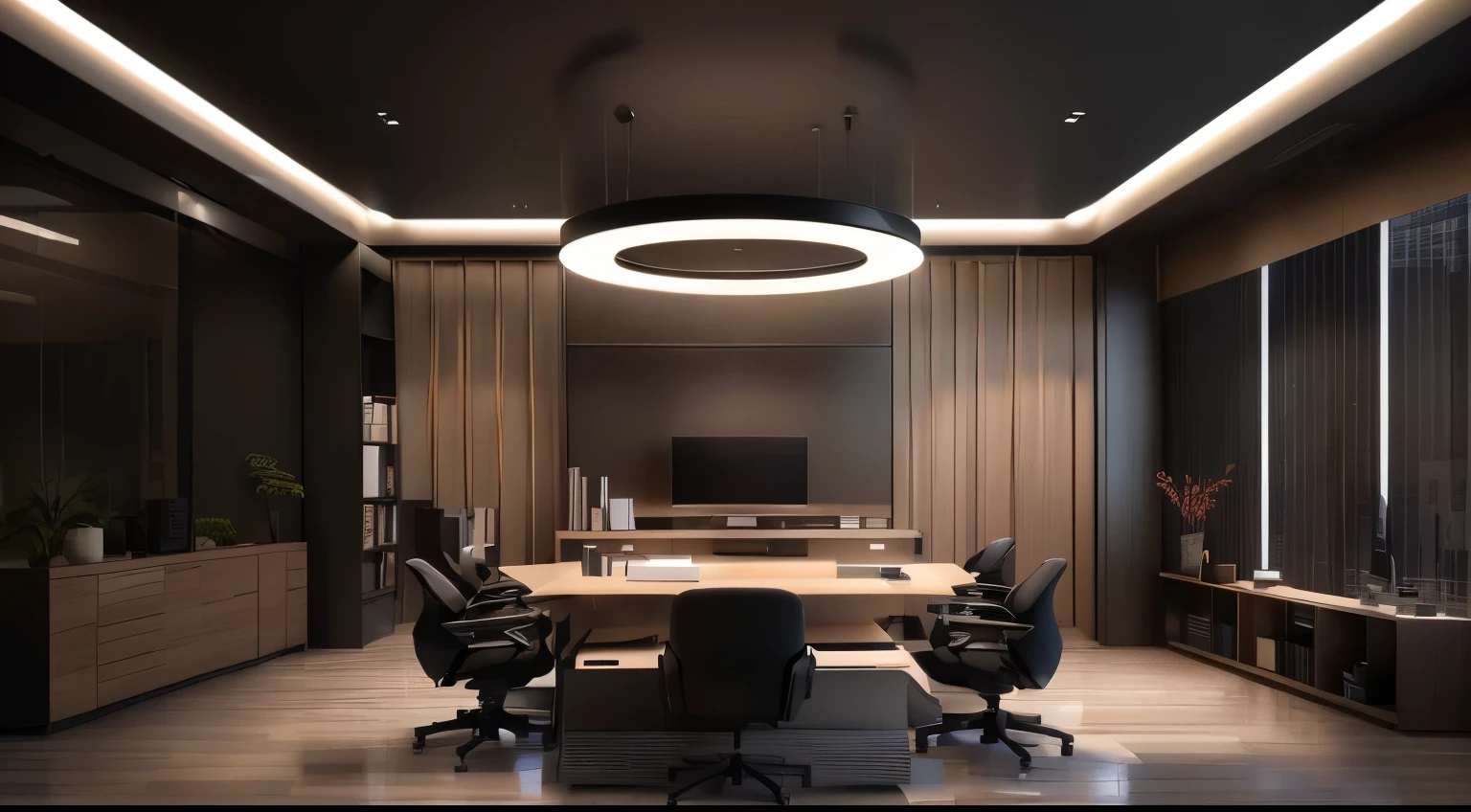둥근 테이블과 의자가 있는 어두운 office, office 방 인테리어, professional rendering, 입방체 회의실 office, professional 3d rendering, office 인테리어, v ray, office, 현대적인 office, High quality rendering, Luxury HD rendering, Cinematic accent lighting, Vray 8K Rendering, indoor lighting, volumetric indoor lighting, Render photo-realistically