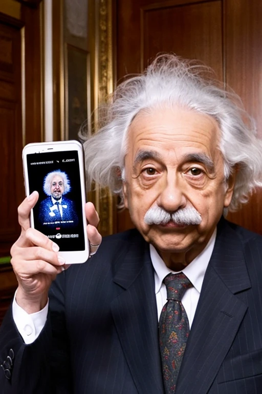 Albert Einstein looking at a smartphone screen、The expression is surprised、Looks like the famous tongue-out photo、Color、comical、Only one person in the picture
