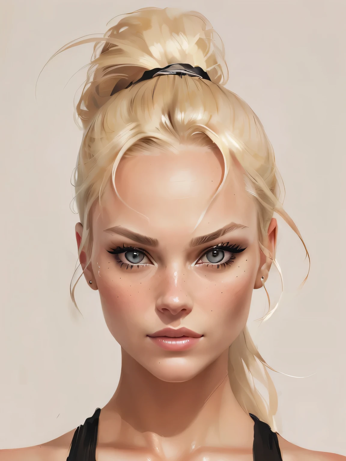 blond woman with a messy bun in a black top, detailed sensual face, realistic female portrait, closeup character portrait, highly detailed realistic face, detailed realistic face, realistic beautiful face, detailed attractive face, extremely high detailed face, realistic detailed face portrait, realistic detailed face, realistic digital illustration, extremely detailed woman, detailed character portrait, epic portrait illustration, stunning digital illustration
