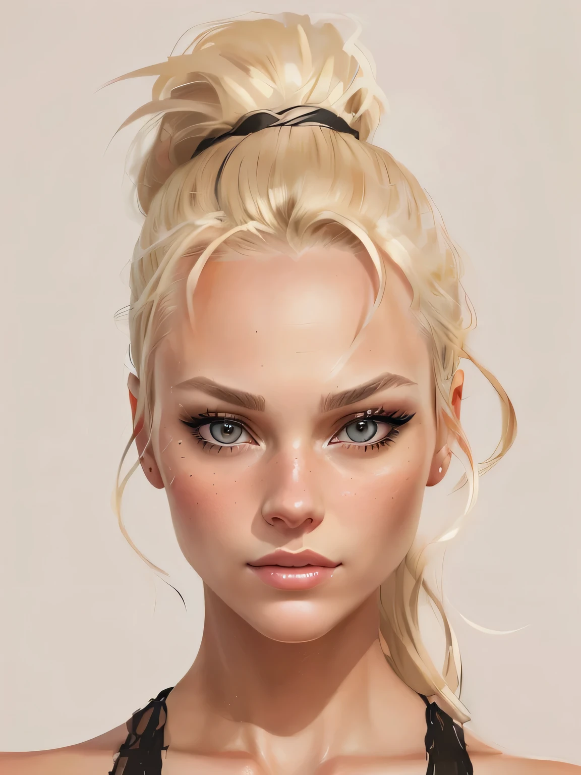 blond woman with a messy bun in a black top, detailed sensual face, realistic female portrait, closeup character portrait, highly detailed realistic face, detailed realistic face, realistic beautiful face, detailed attractive face, extremely high detailed face, realistic detailed face portrait, realistic detailed face, realistic digital illustration, extremely detailed woman, detailed character portrait, epic portrait illustration, stunning digital illustration