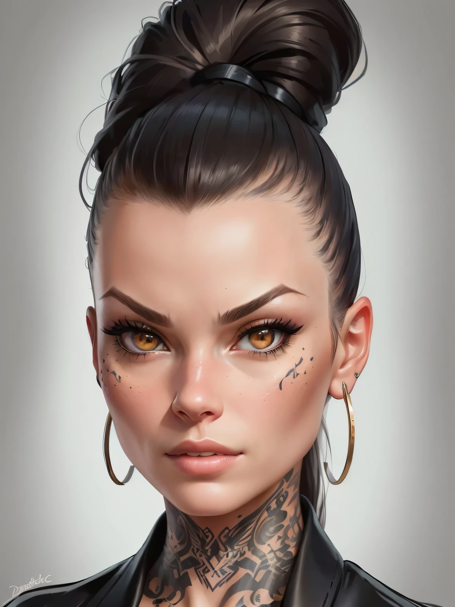 a close up of a woman with a tattoo on her neck, closeup character portrait, highly detailed character, detailed character portrait, cartoon style illustration, detailed realistic face, highly detailed realistic face, realistic female portrait, epic portrait illustration, extremely high detailed face, realistic detailed face portrait, in style of digital illustration, detailed attractive face, with very highly detailed face, realistic detailed face