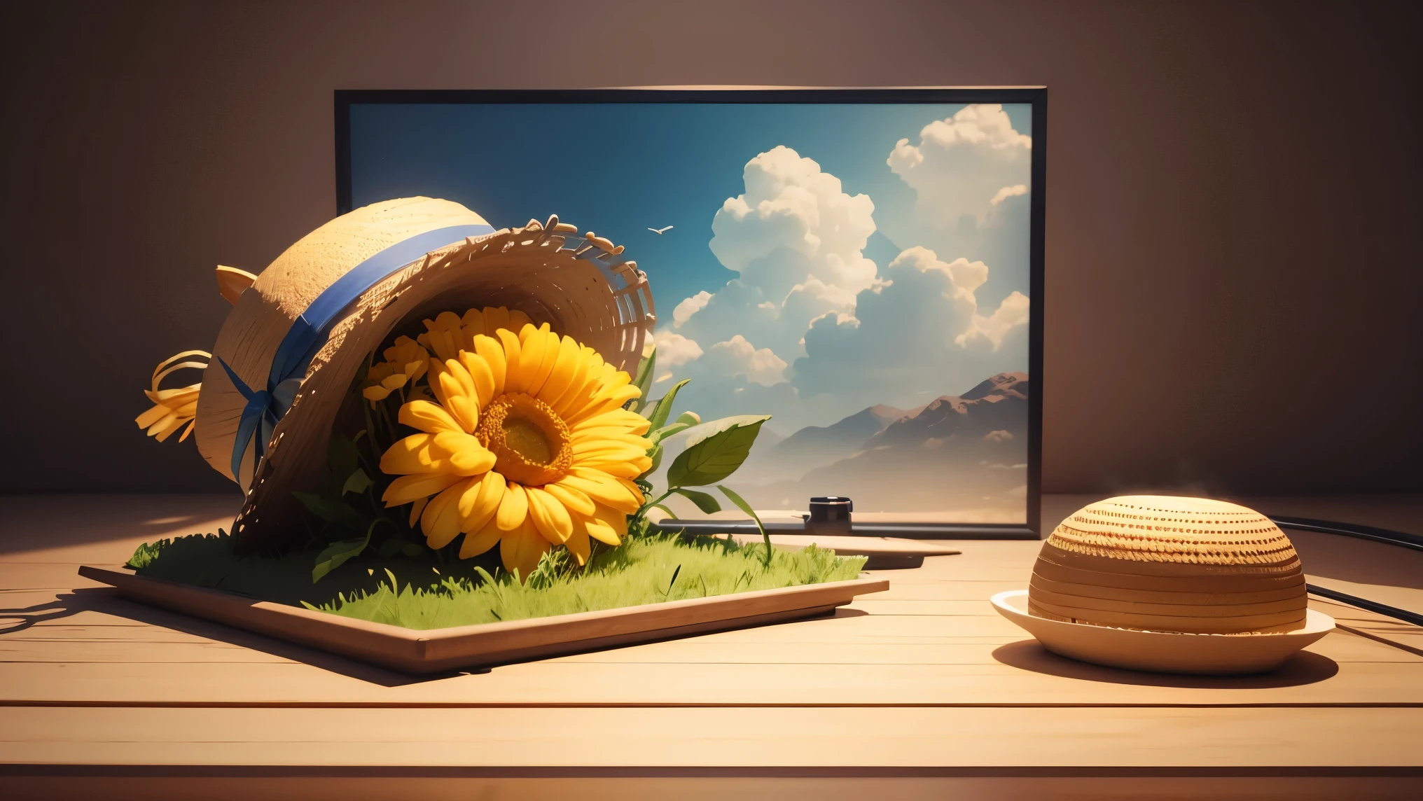 There is a suitcase with a straw hat on top., cloud, atmosphere, leaf, Floating Chrysanthemums, paper airplane, (Miniature: 1.2), 2.5D illustration, 3D Rendering, 3D Modeling, Bubble Mat, Behans 3D Art Trends, Behans 3D Art Trends, 3D illustration, 3D illustration, 3D illustration, Commercial Illustration, Cinema 4D Color Rendering, 3D Rendering stylization, stylized digital illustration, 3D stylized scene, stylized 3D Rendering