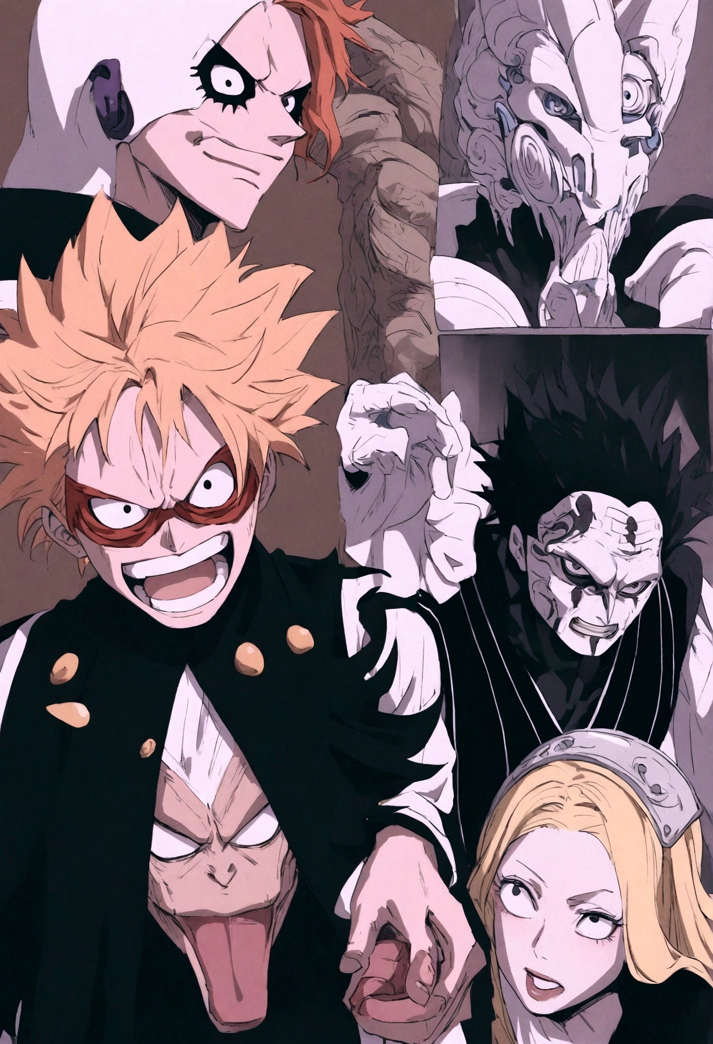 generate me group of anime chracter in a single image from one piece, bleach, dragon ball , naruto, fairy tail, jujtsu kaisen, my hero academia