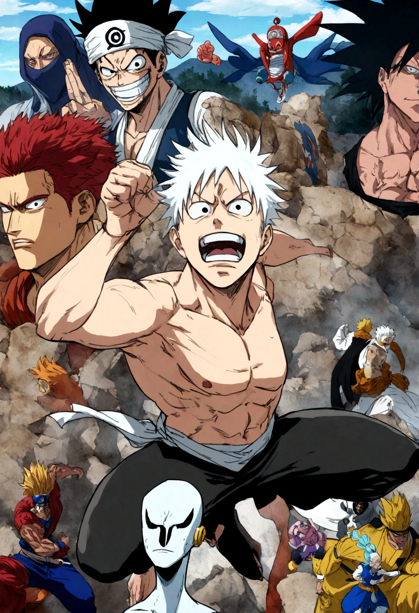 generate me group of anime chracter in a single image from one piece, bleach, dragon ball , naruto, fairy tail, jujtsu kaisen, my hero academia