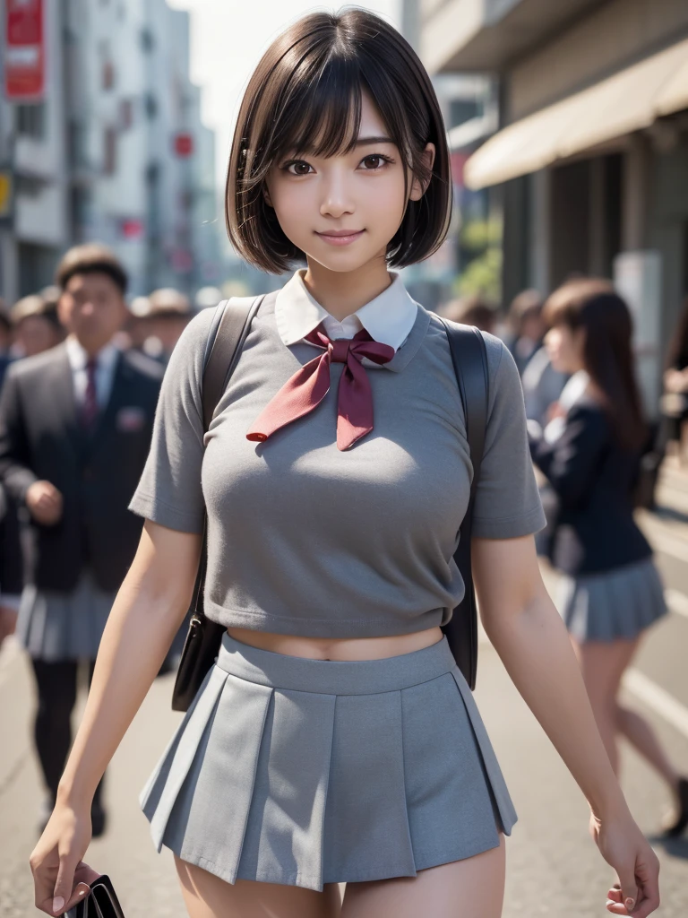 (8k, RAW Photos, highest quality, masterpiece:1.2), (Realistic, photo-Realistic:1.4), (Highly detailed 8k wallpaper), Sharp focus, Depth of written boundary, Cinematic lighting, Soft Light, Eyes of delicate beauty, shiny smooth light brown Short Bob Hair, Asymmetrical bangs, Glowing Skin, Ultra-dense skin,High resolution, High Detail, Detailed hairstyle, Detailed facial beauty, hyper Realistic, Perfect limbs, Perfect Anatomy, 1 Japanese girl, Famous Japanese Idols, Perfect female body, Large Breasts, (smile), Short eyelashes, double eyelid, Short Bob Hair, (school uniform : 1.3), (Micro Mini Skirt Grey Micro Mini Skirt:1.3), Watching the audience, (Crowded street:1.3), Cowboy Shot