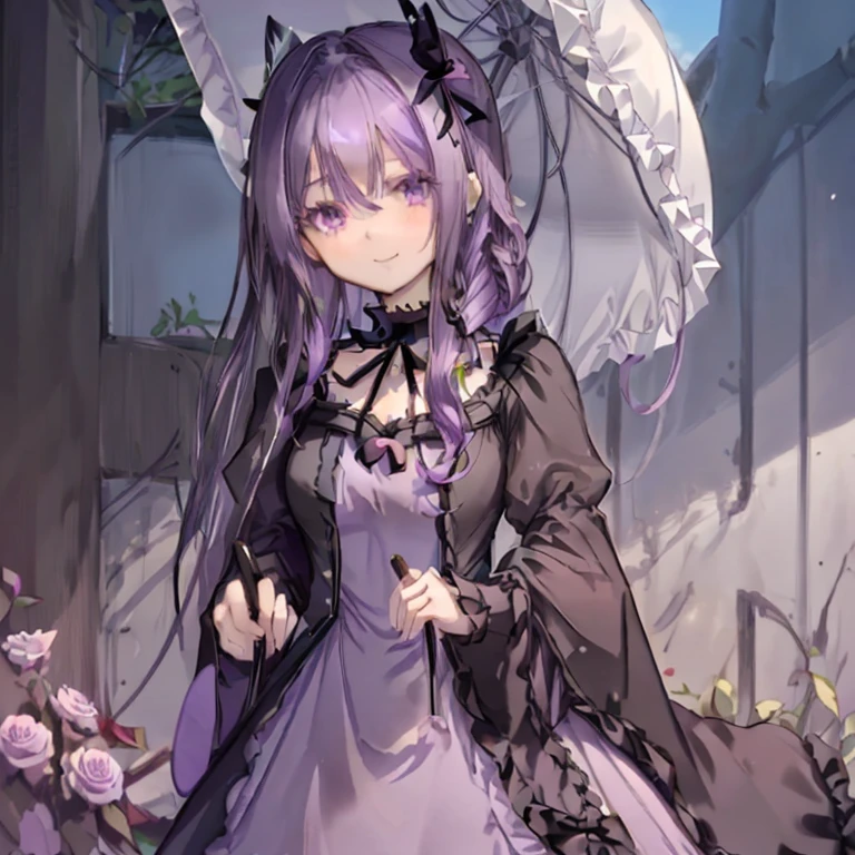1 girl、Mature、Ample breasts、Purple Hair、Drill curl long hair、Sharp Eyes、Gothic ta Costume、Black Dress、Shoulder Bare、choker、Use a parasol、Black frilly parasol、Ribbon on chest、A seductive smile、Butterflies fluttering、In the rose garden、Cinema Lighting、High resolution、highest quality