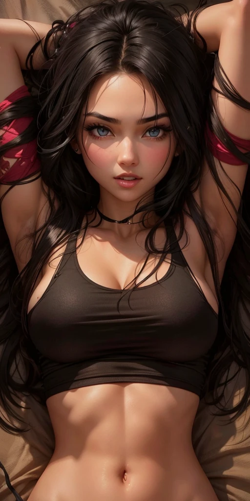 Beautiful girl, sexy slim fit body, tank top , black hair, gorgeous eyes , belly piercing, big breasts,
