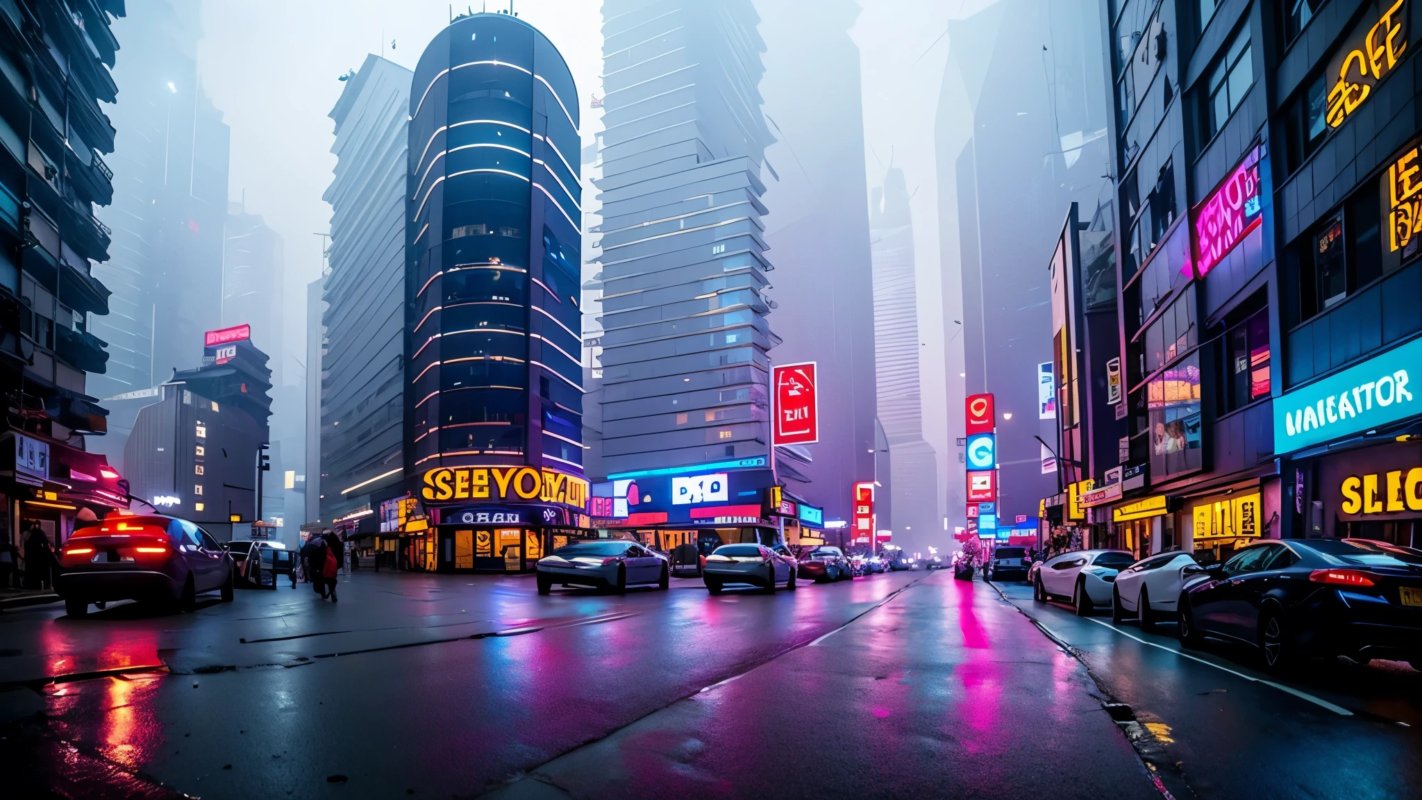 Original photo of the bed, architecture, City, Cityscape, Cyberpunk, Male focus, Neon, new style, night, outdoor, reflection, road, landscape, Sky, Skyscraper, permanent, street